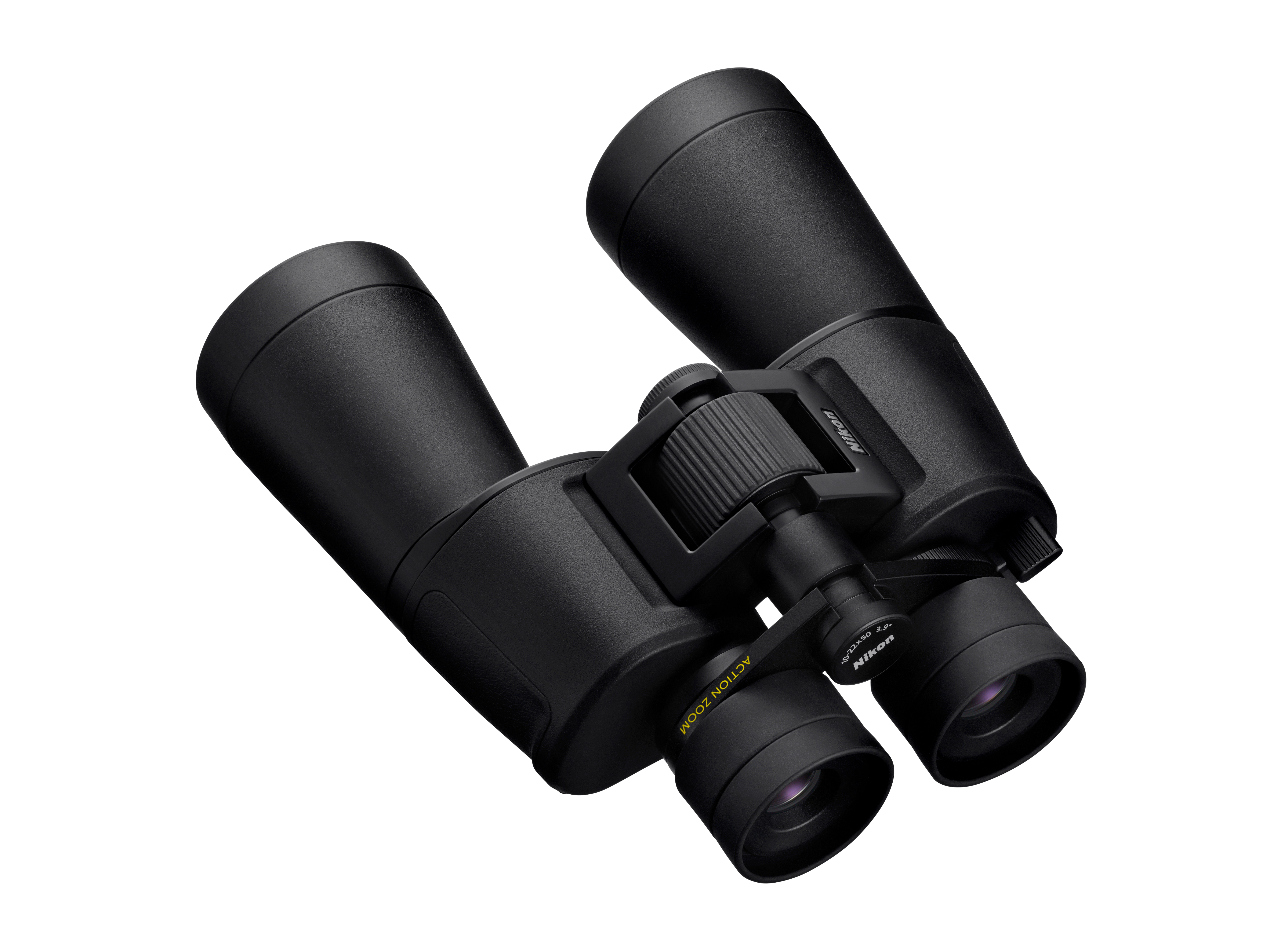 Schwarze Nikon Action Zoom Fernglas mit Fokussierrad und Objektivdeckeln.