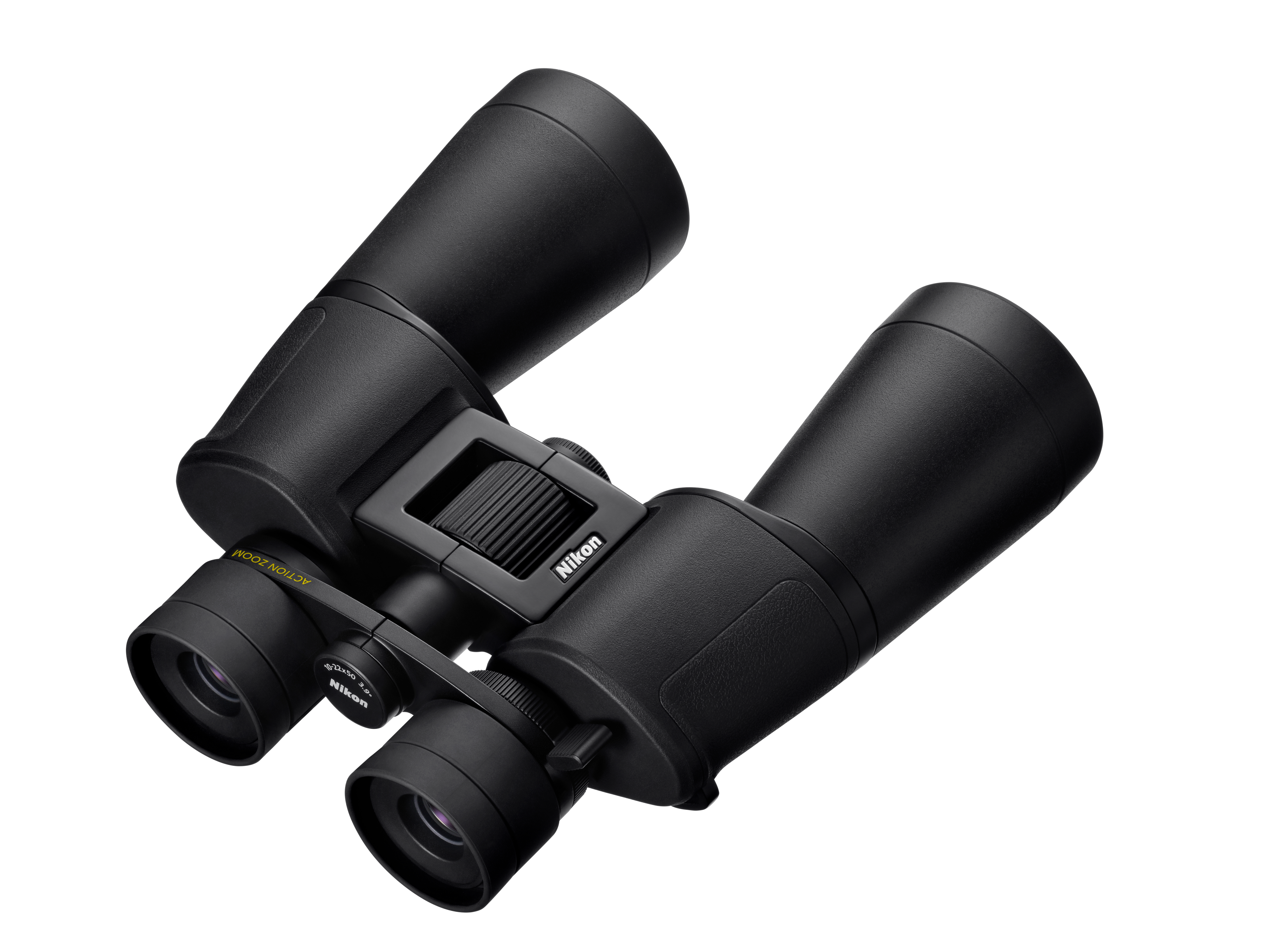 Schwarze Nikon Fernglas mit Zoom-Funktion auf weißem Hintergrund.