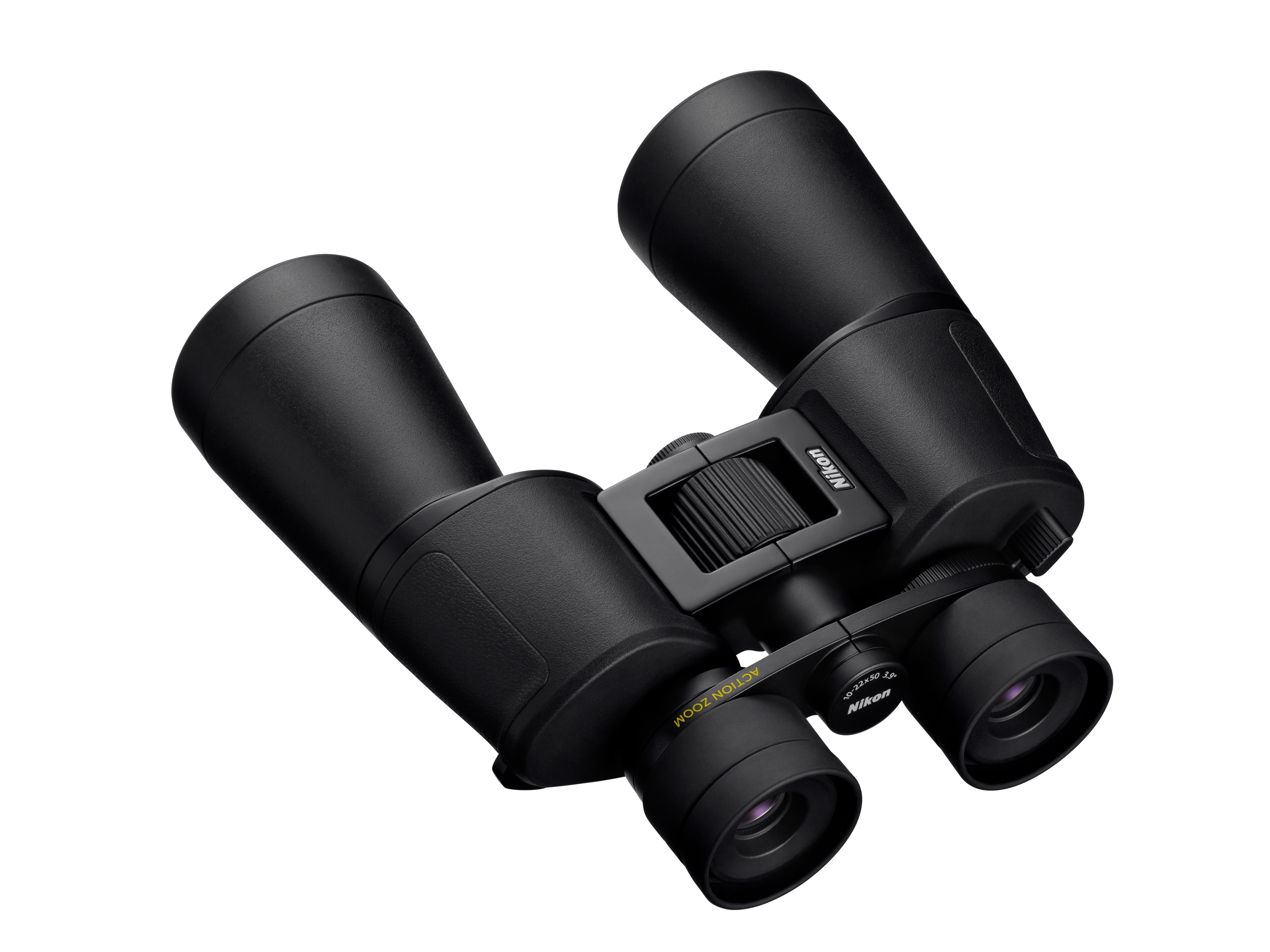Schwarze Nikon Fernglas mit Fokusrad und Zoom-Beschriftung.