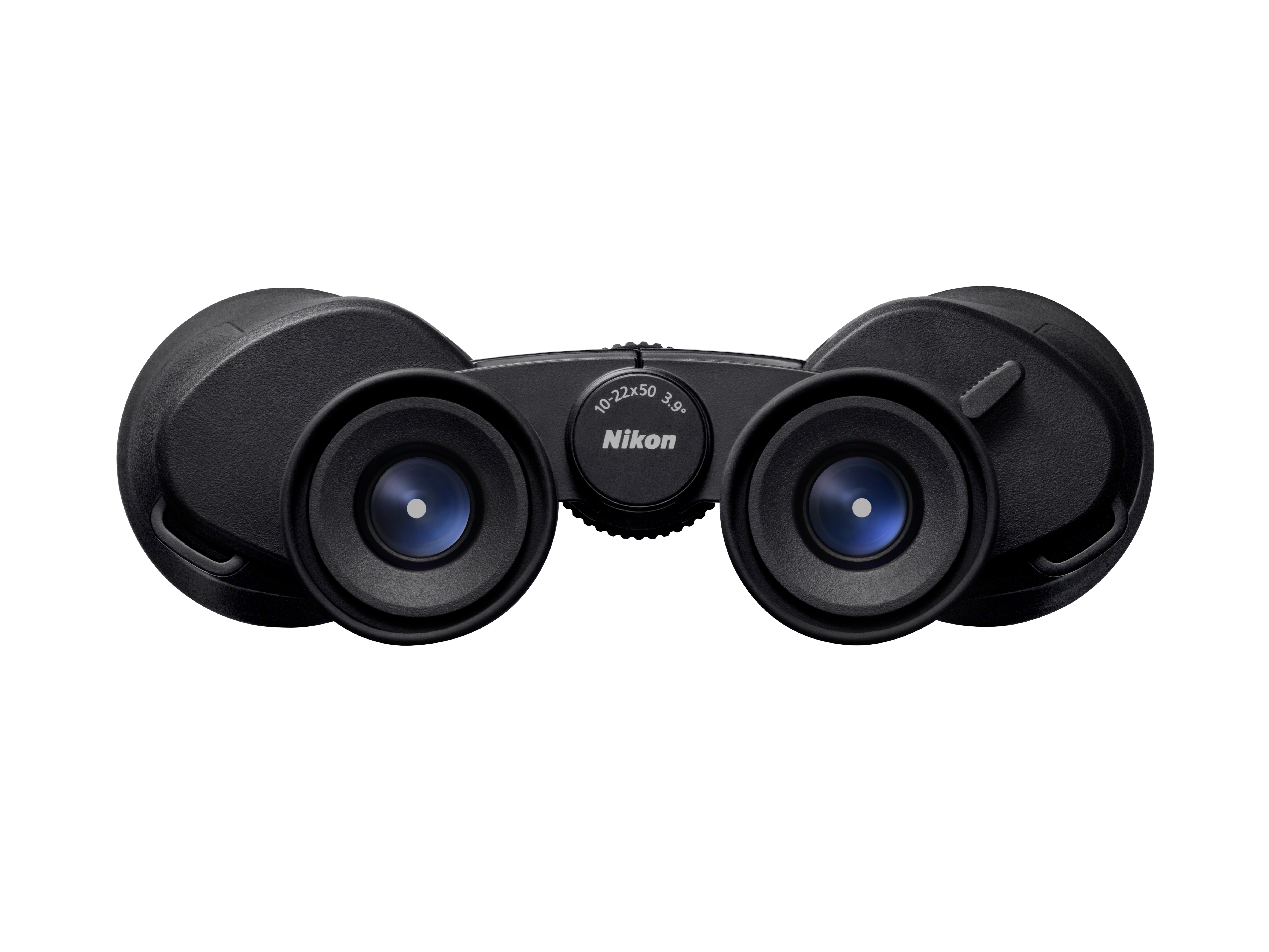 Schwarzes Nikon Fernglas mit 10-22x50 Vergrößerung, auf weißem Hintergrund.