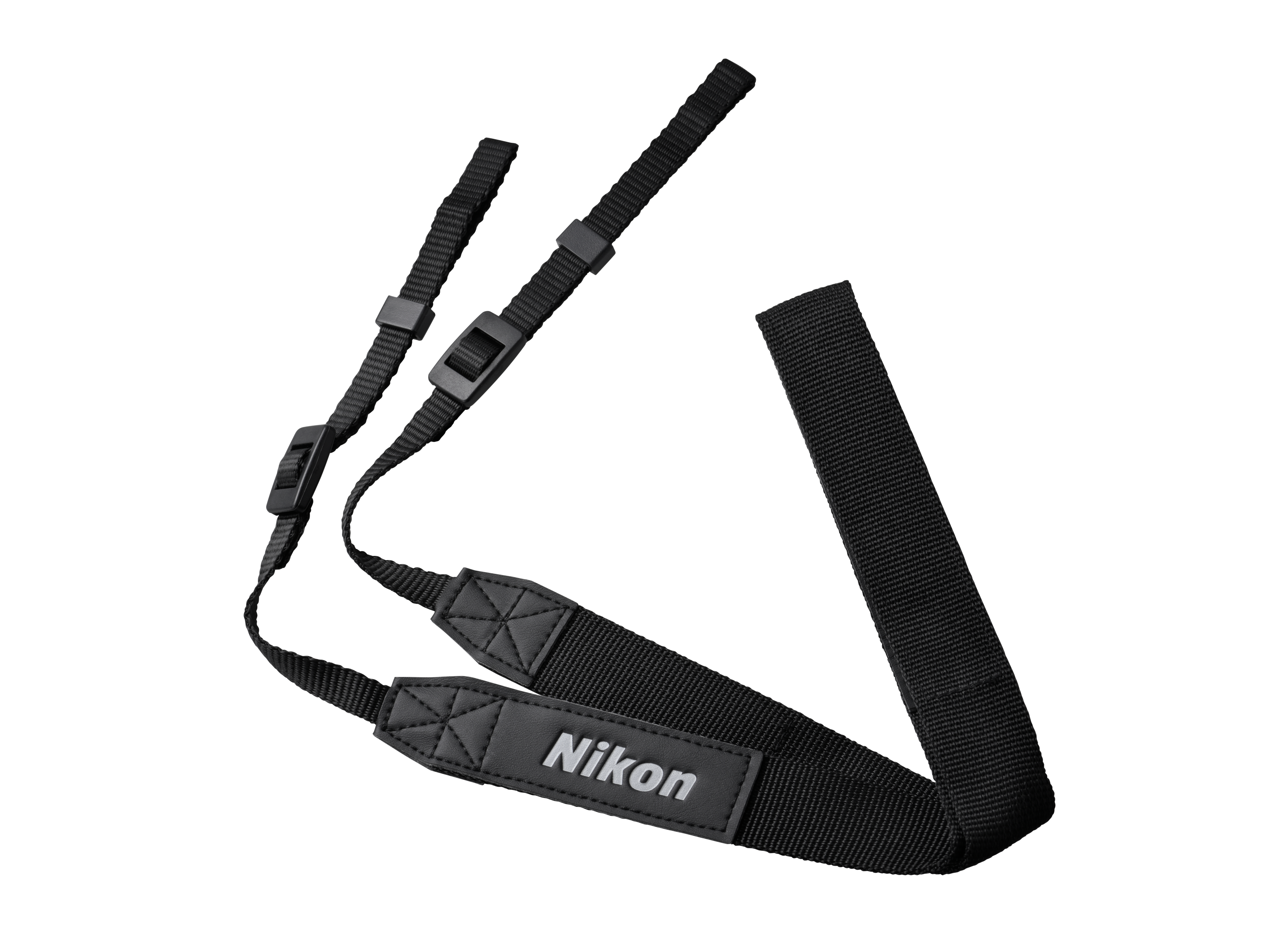 Schwarzer Nikon Kamera-Gurt mit verstellbaren Schnallen und Lederpolster.