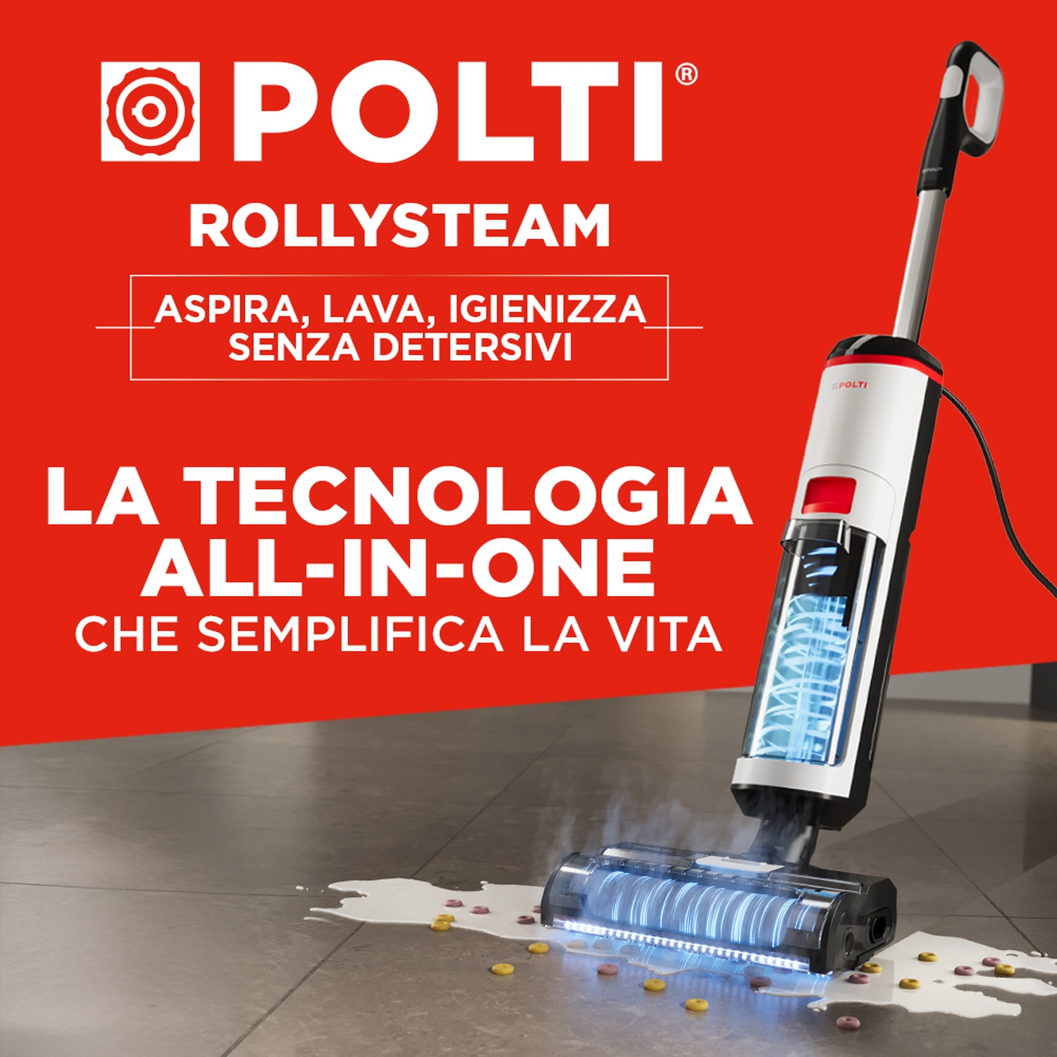 Un pulitore a vapore Polti con luci blu pulisce un pavimento sporco.