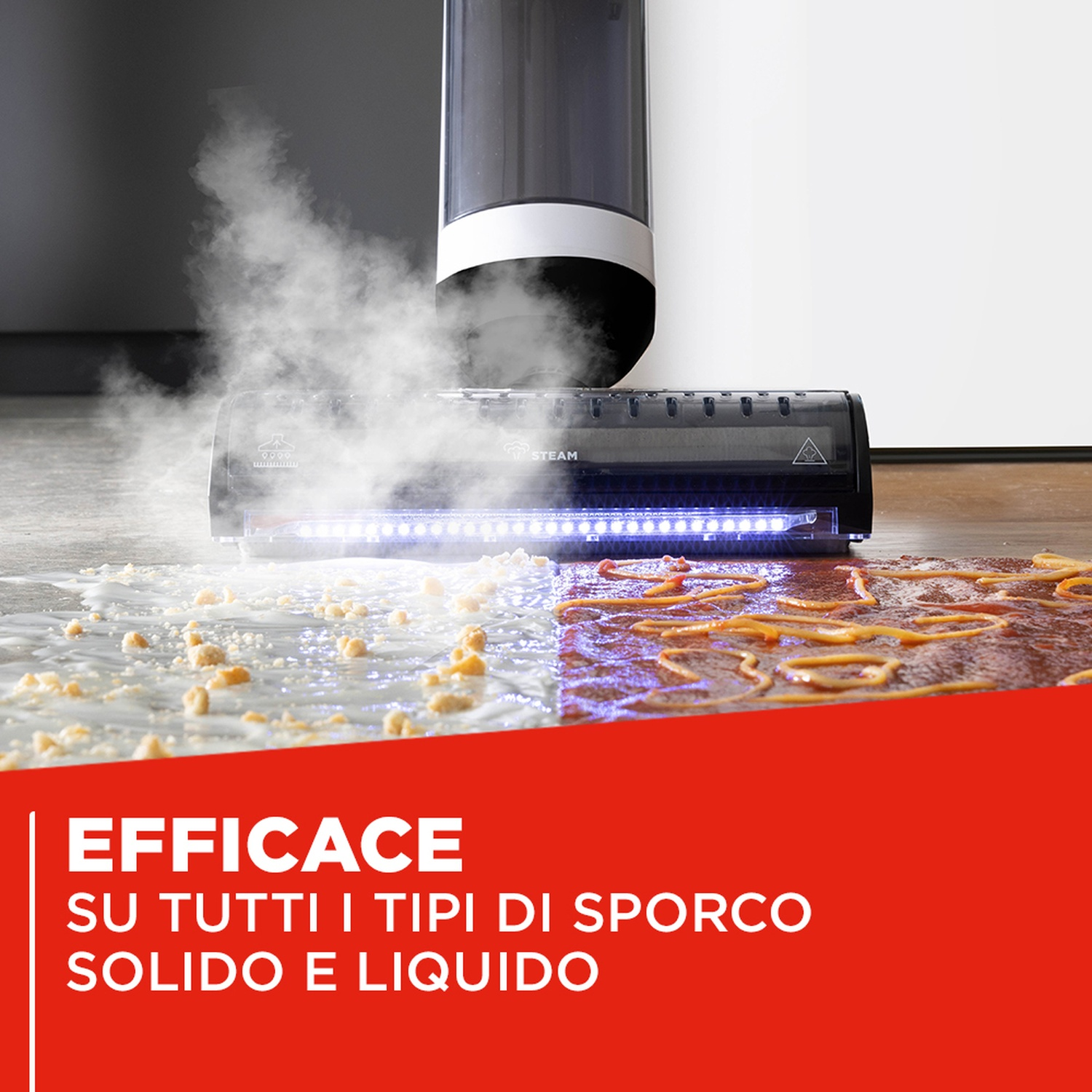 Spazzola pulente a vapore pulisce macchie liquide e pasta con vapore e luci blu.