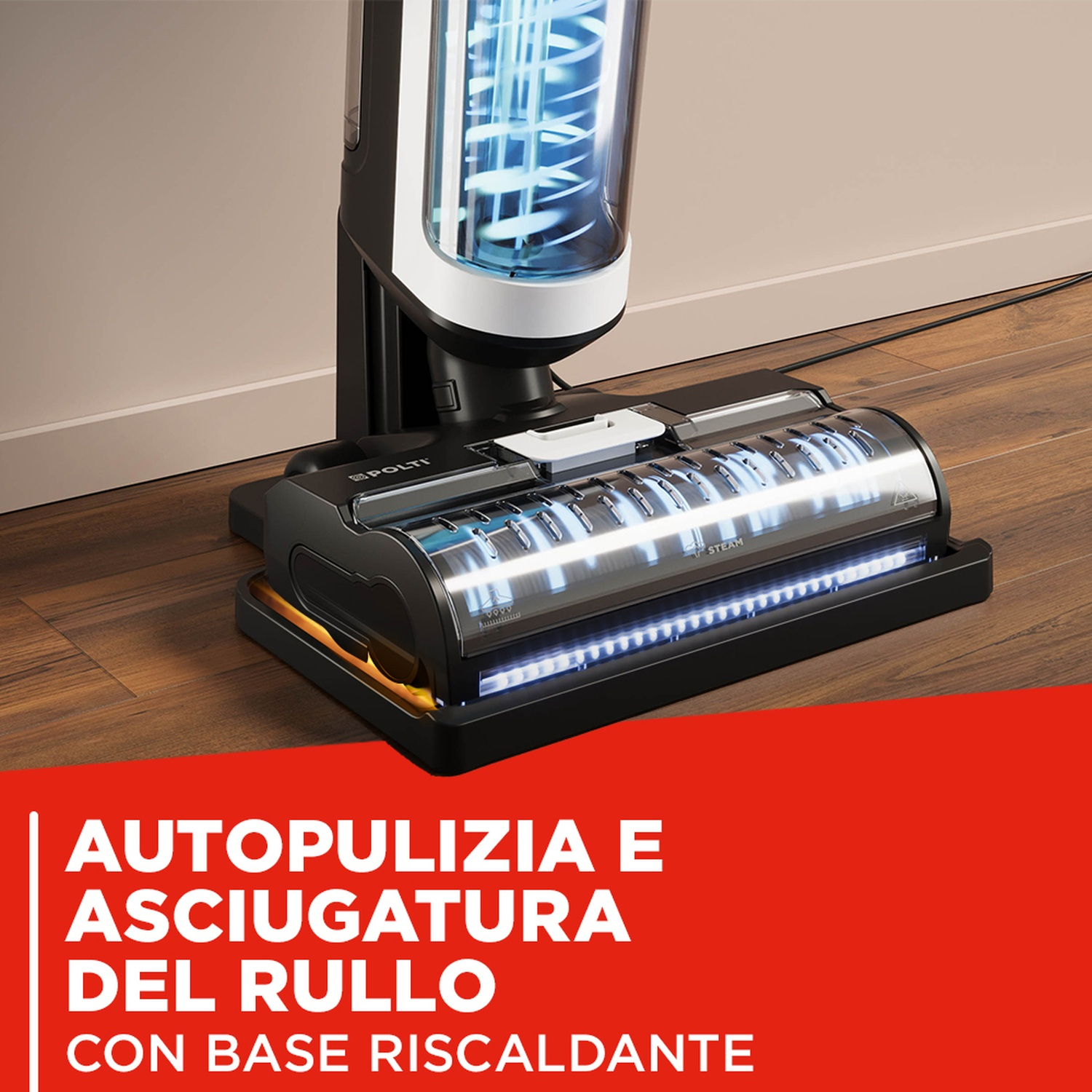 Un moderno pulitore per pavimenti con serbatoio trasparente e sezione rullo illuminata.
