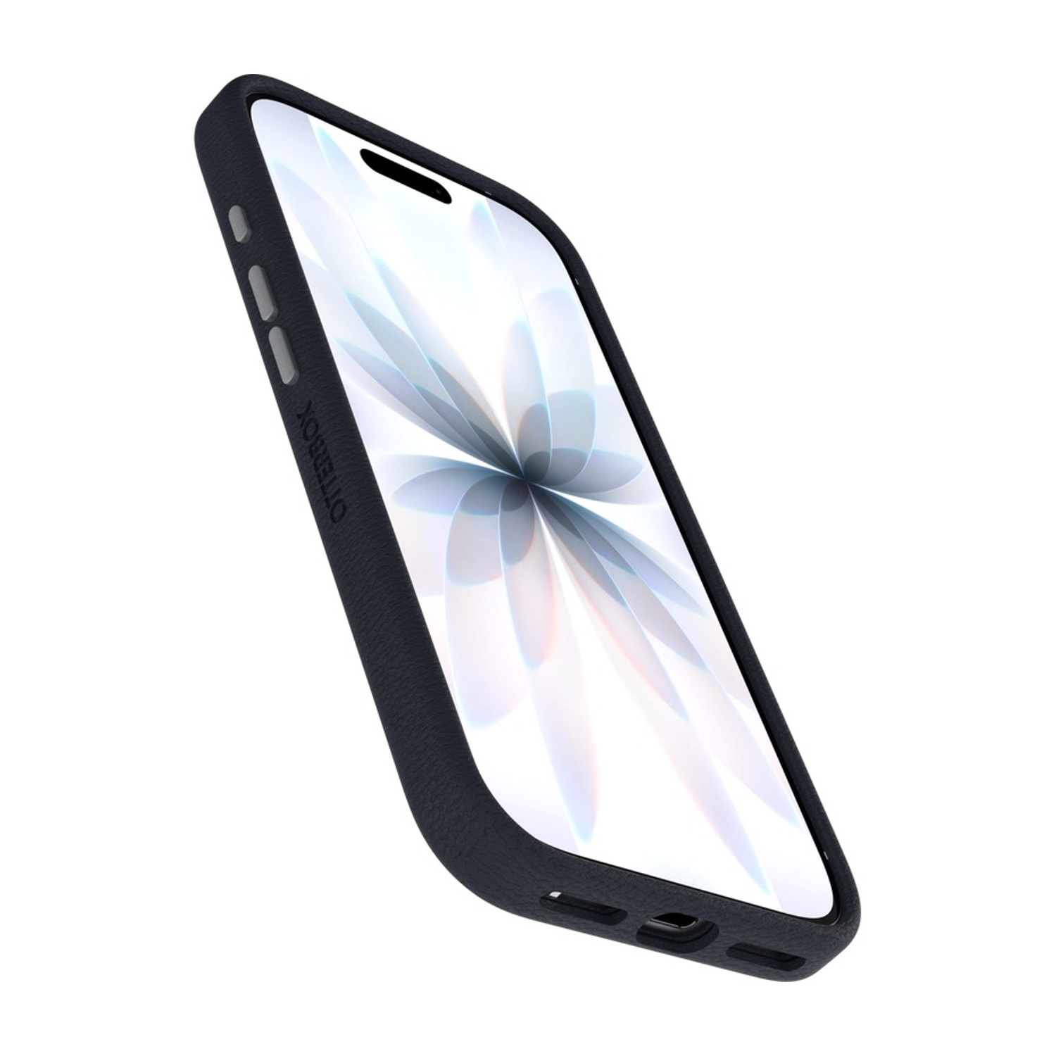 Smartphone nero in custodia Otterbox, vista laterale ravvicinata.