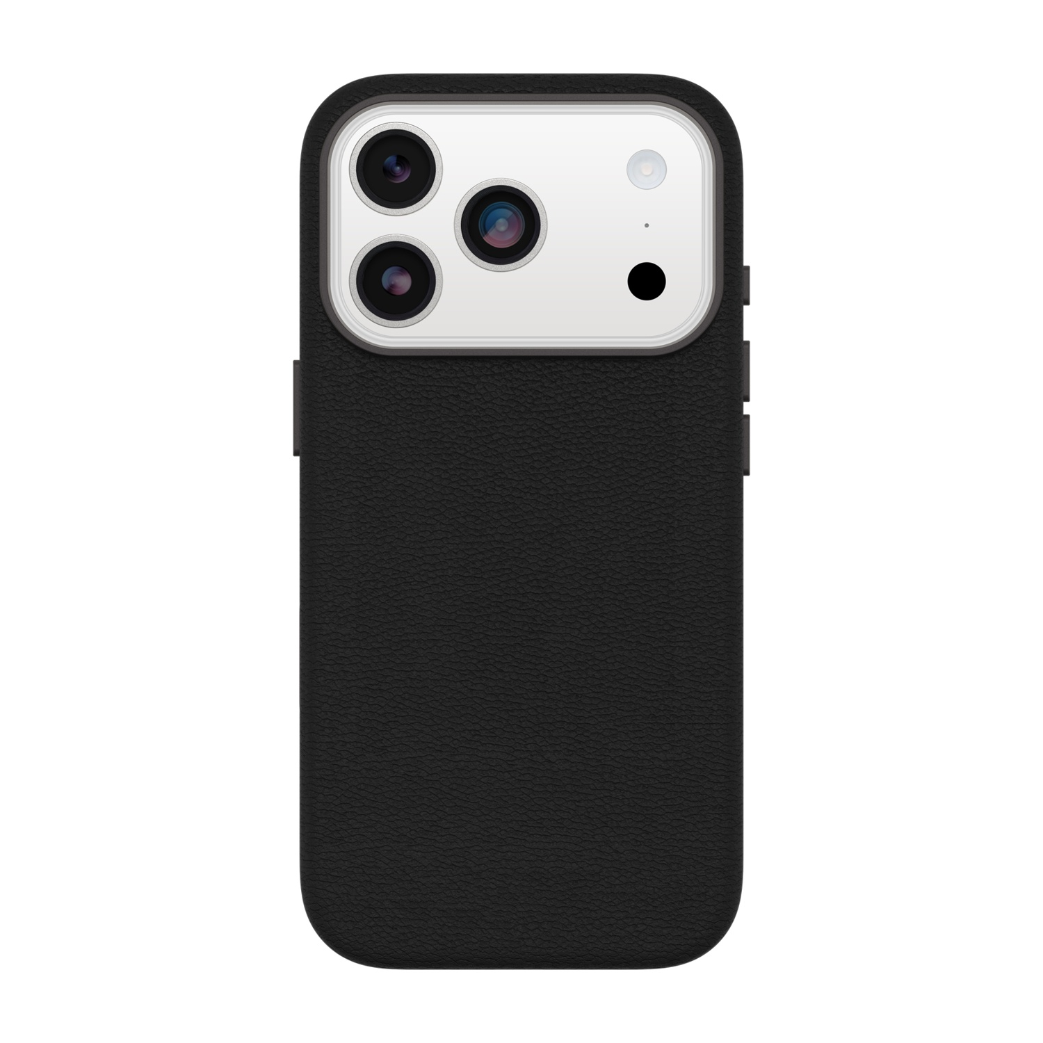 Custodia nera per telefono con tripla fotocamera e flash su sfondo bianco.