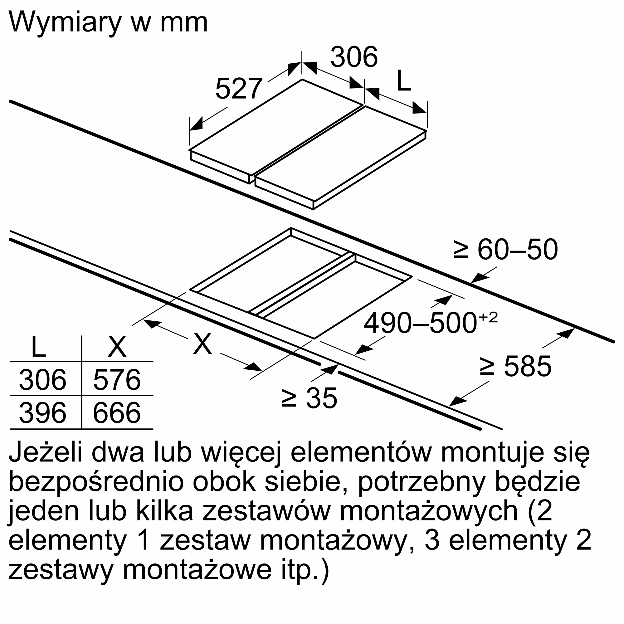 Rysunek techniczny z wymiarami w mm dla płyt grzewczych. Zawiera tabele i instrukcje montażu.