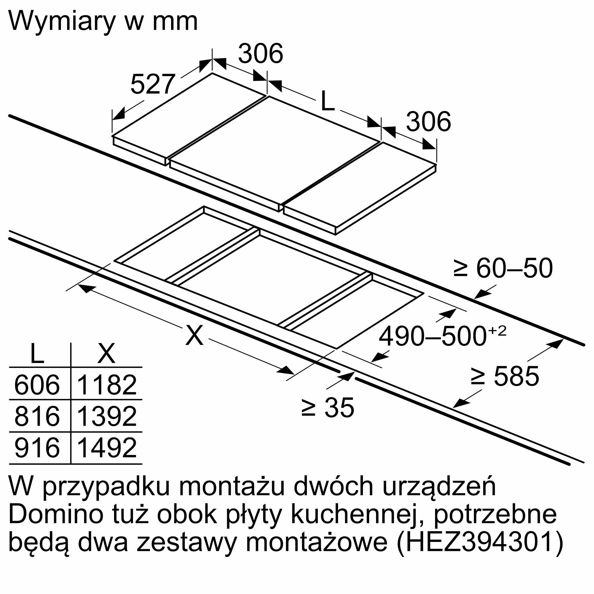 Rysunek techniczny z wymiarami i instrukcjami montażu płyt grzewczych.