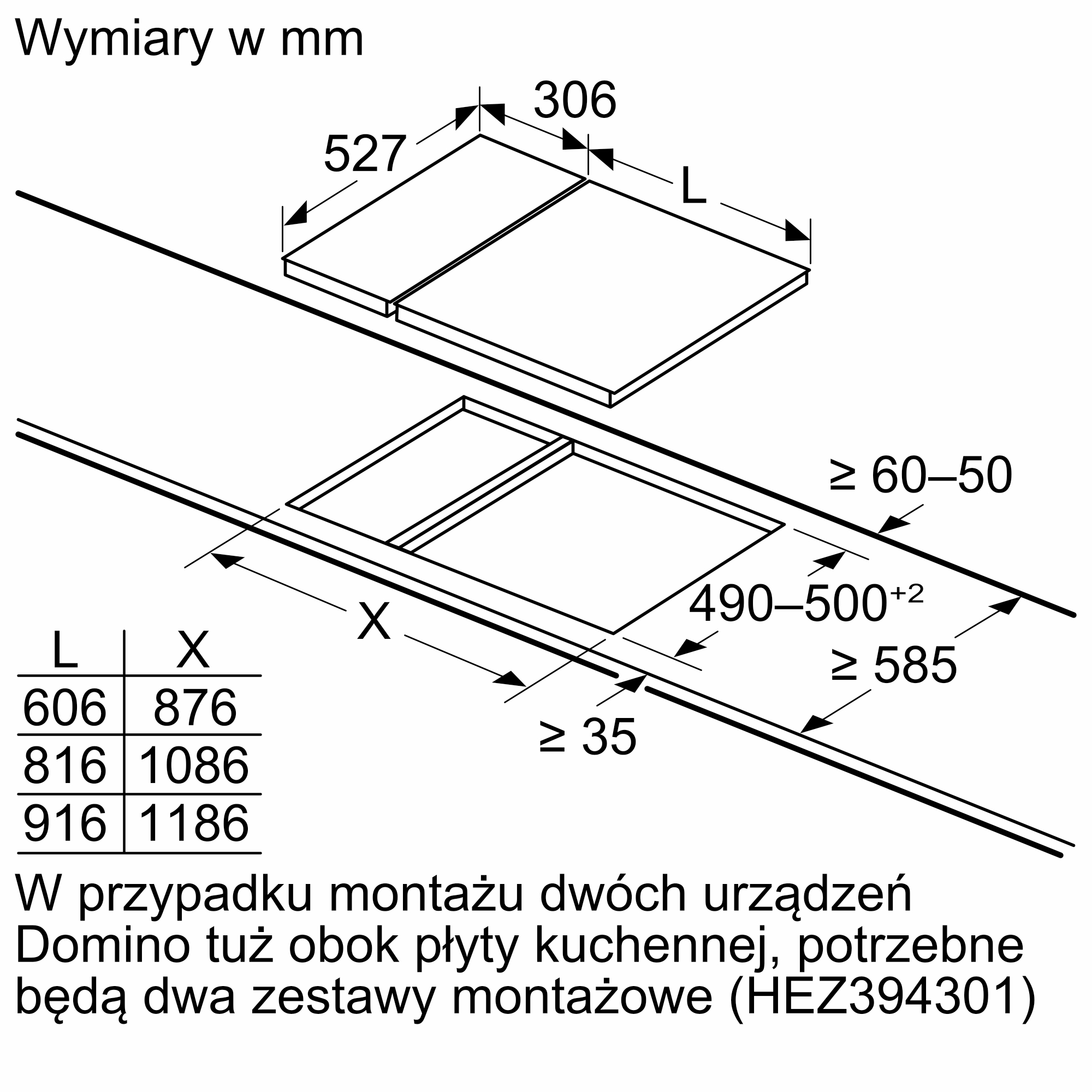 Rysunek techniczny płyty grzewczej z wymiarami w mm i instrukcjami montażu.