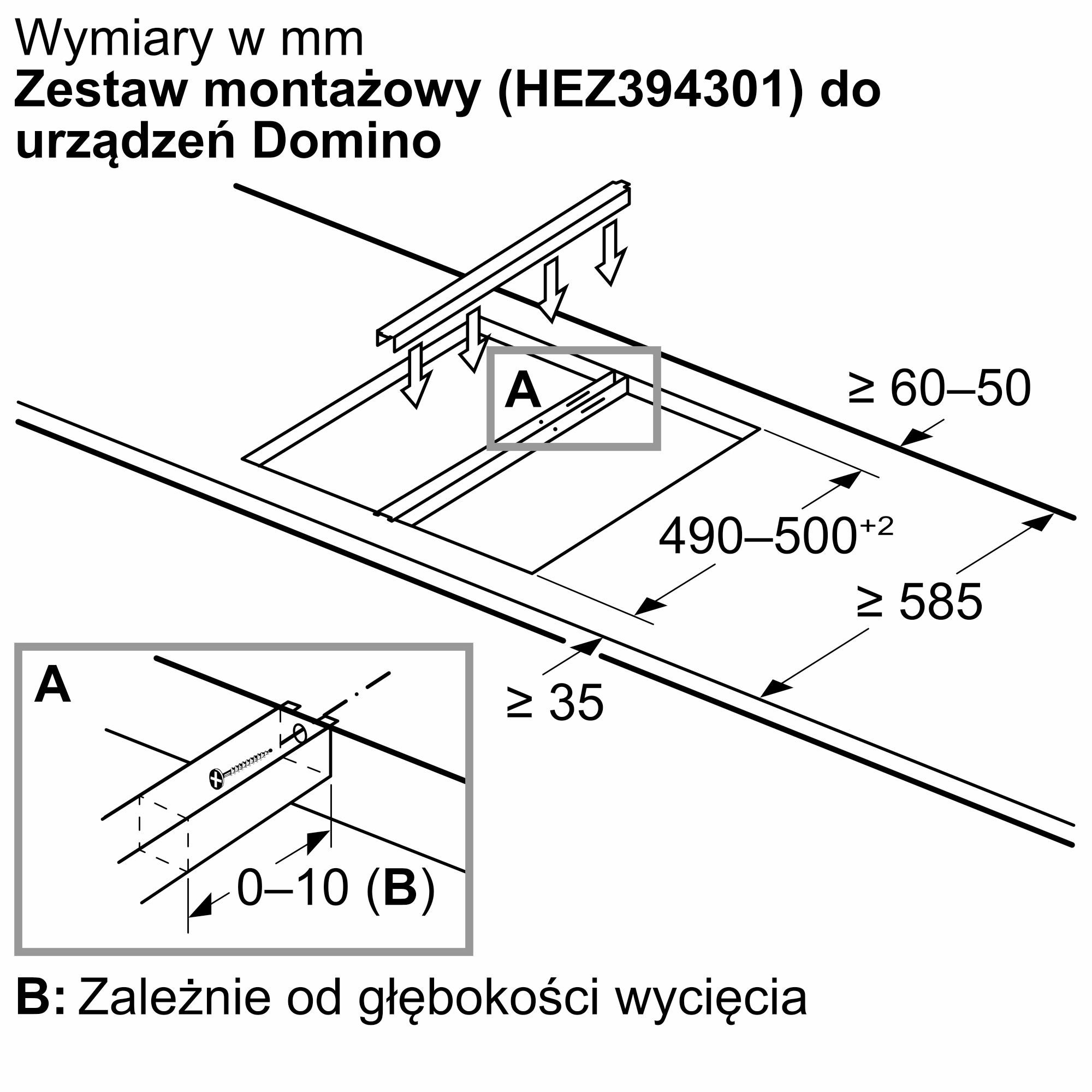 Zestaw montażowy Domino, wymiary w mm, ze szczegółami.