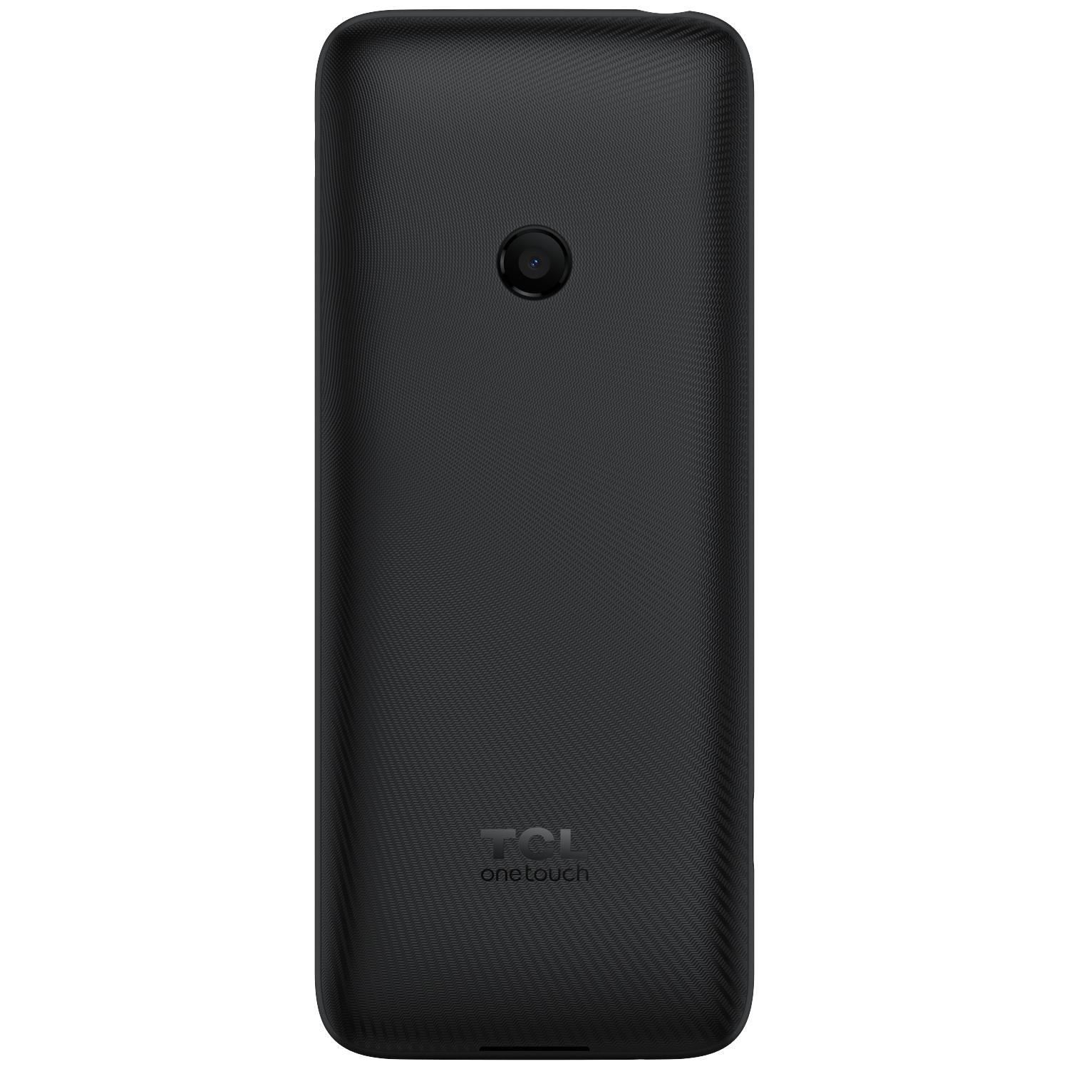 Back of a black TCL phone with camera and textured pattern.