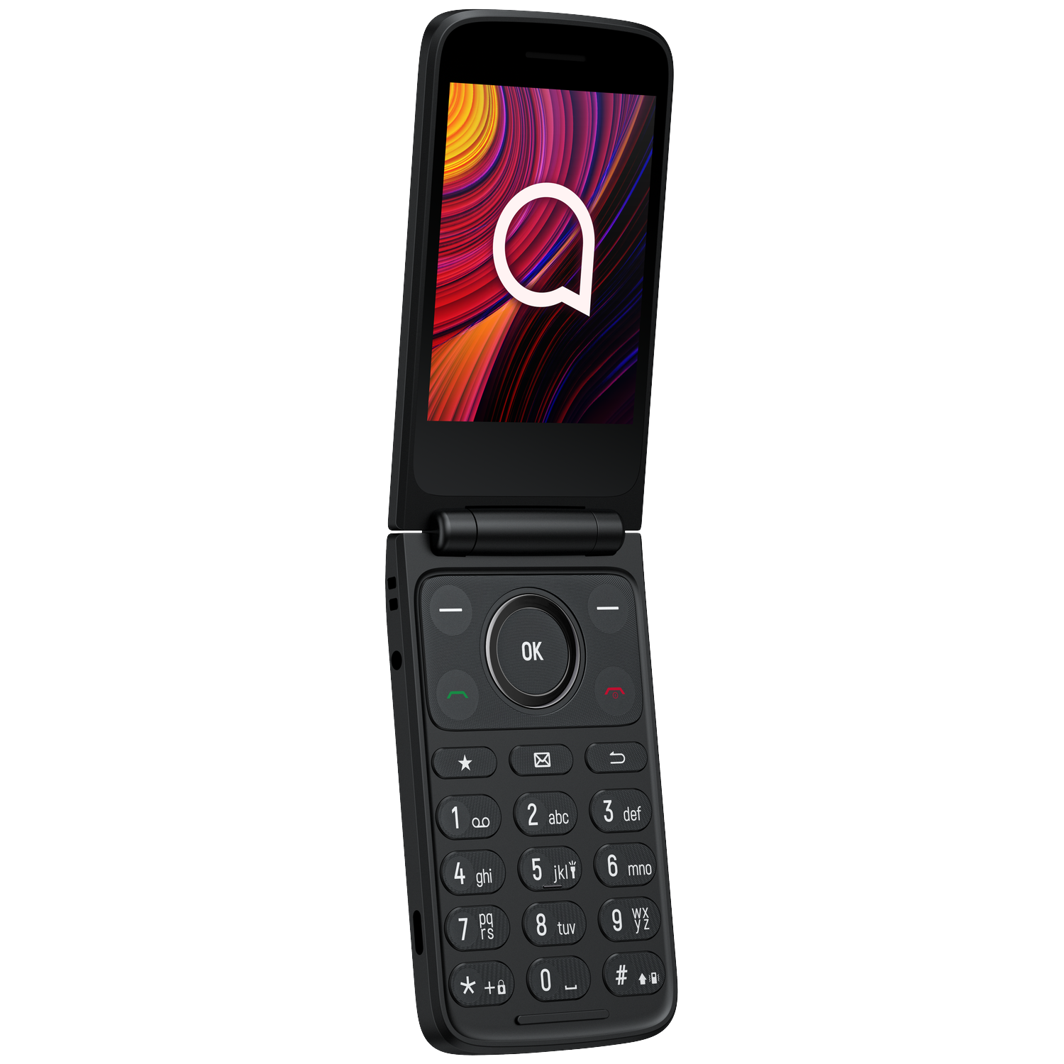 A black flip phone with a colorful, abstract wallpaper on its screen.