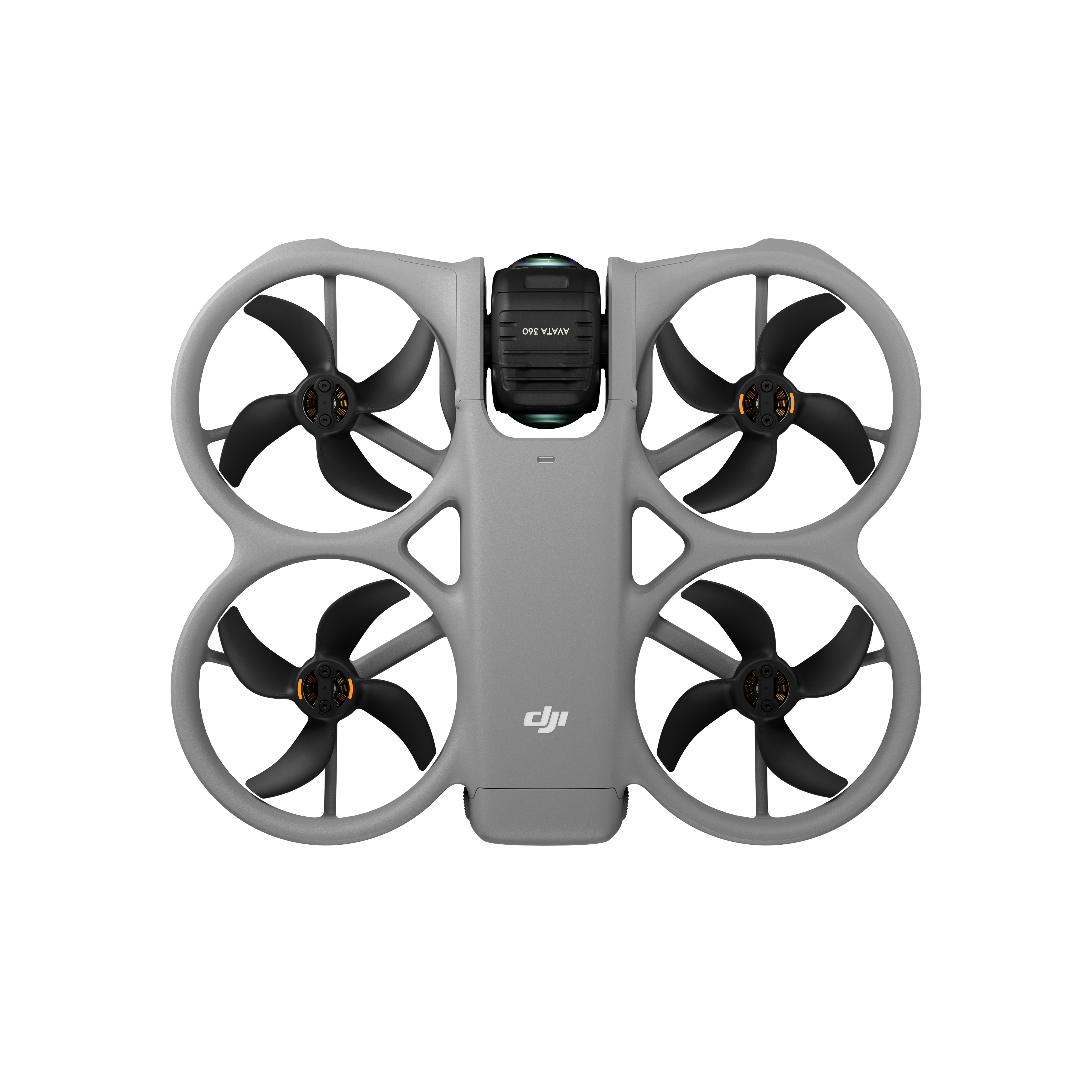 Szara dron DJI Avata z czterema czarnymi śmigłami i czarną kamerą.