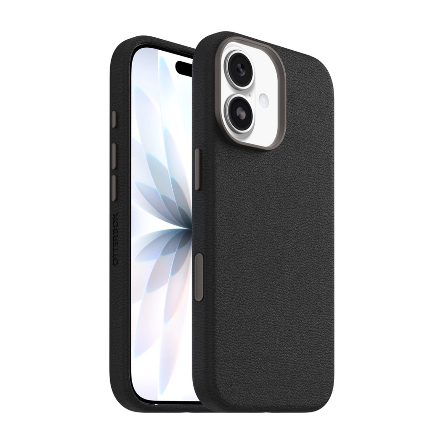 Custodia nera per iPhone con schermo diviso e ritaglio fotocamera.