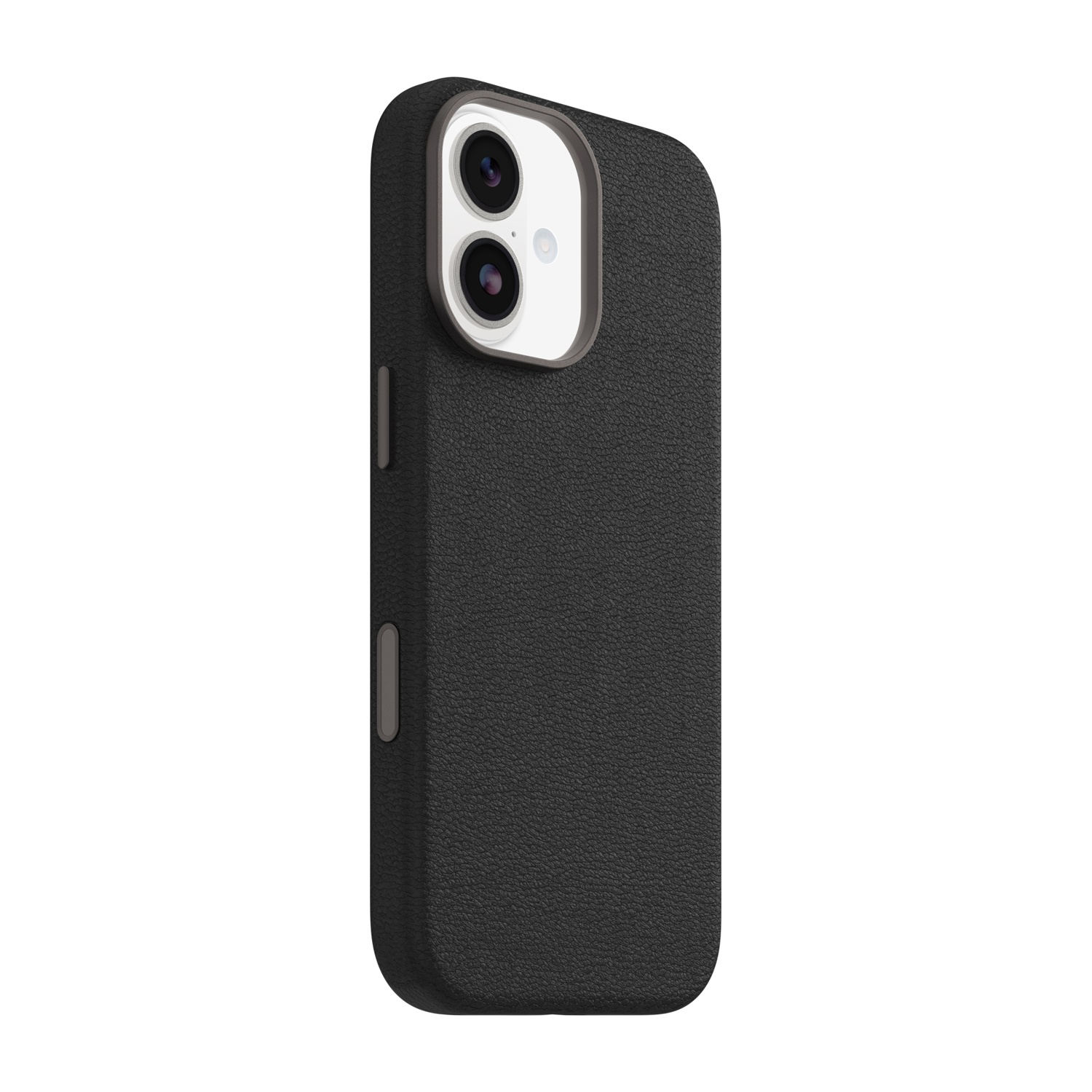 Custodia nera per telefono con due fotocamere e pulsanti grigi.