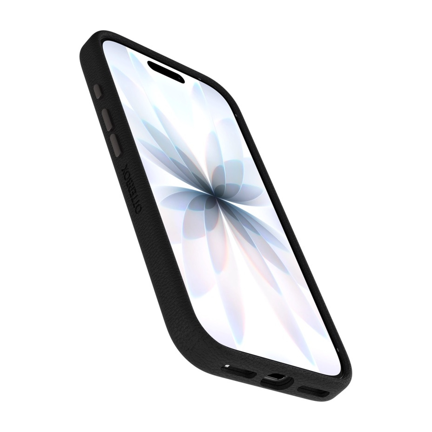 Custodia nera per telefono con superficie testurizzata e display smartphone.