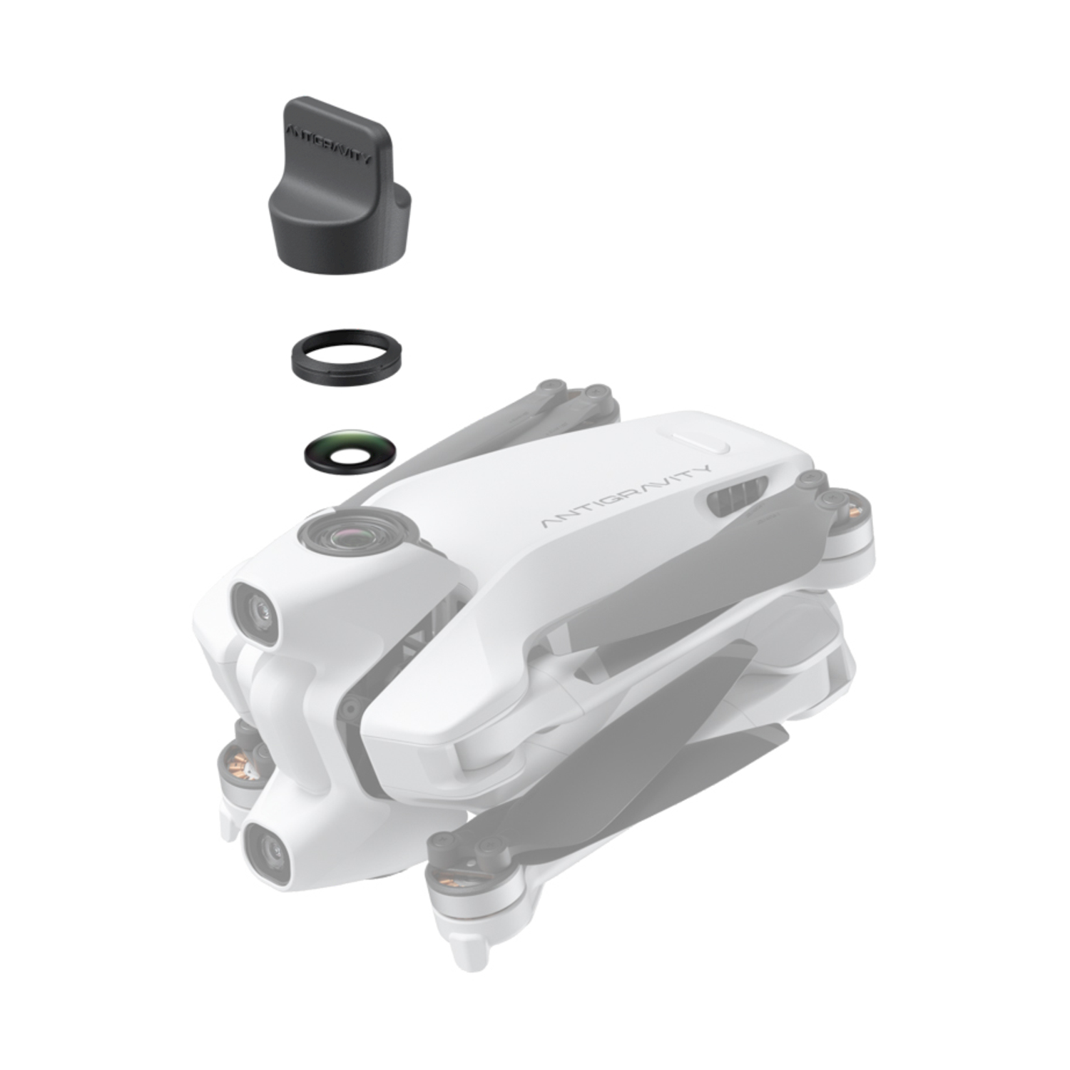 Accessori drone: filtro lente, anello e supporto protettivo su sfondo bianco.