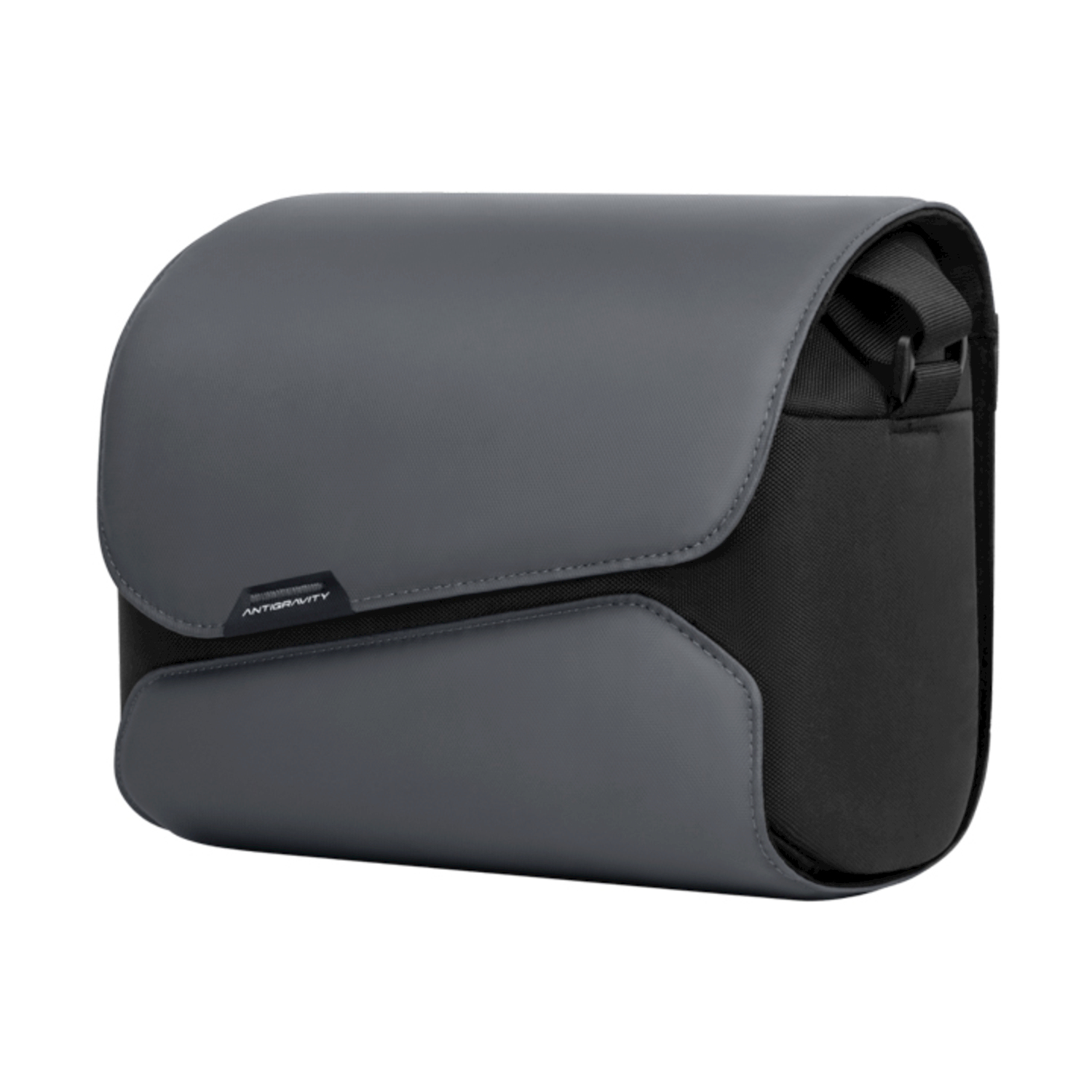 Una borsa grigia con tessuto nero e logo 'ANTIGRAVITY'.