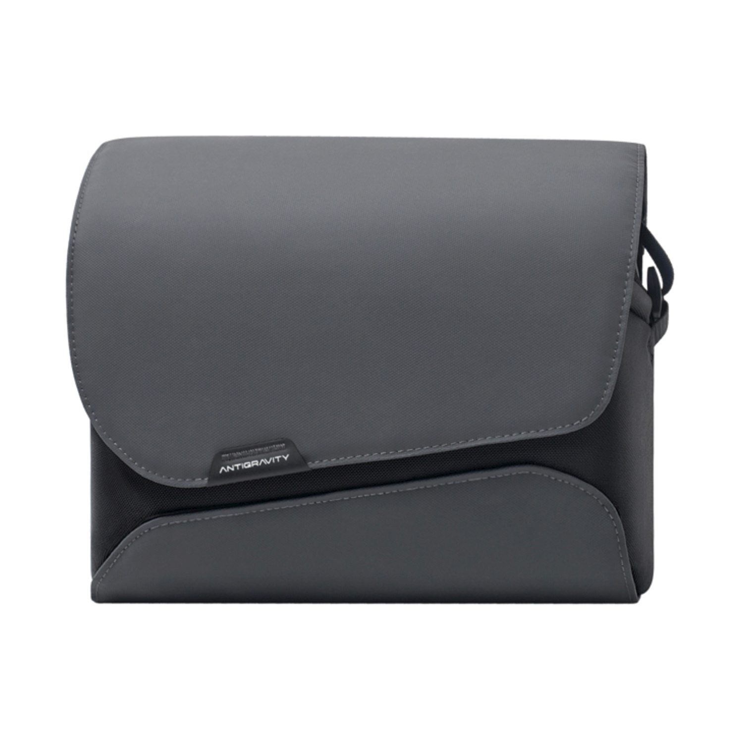 Borsa a tracolla grigia con patta e inserto in tessuto nero. Scritta ANTIGRAVITY.