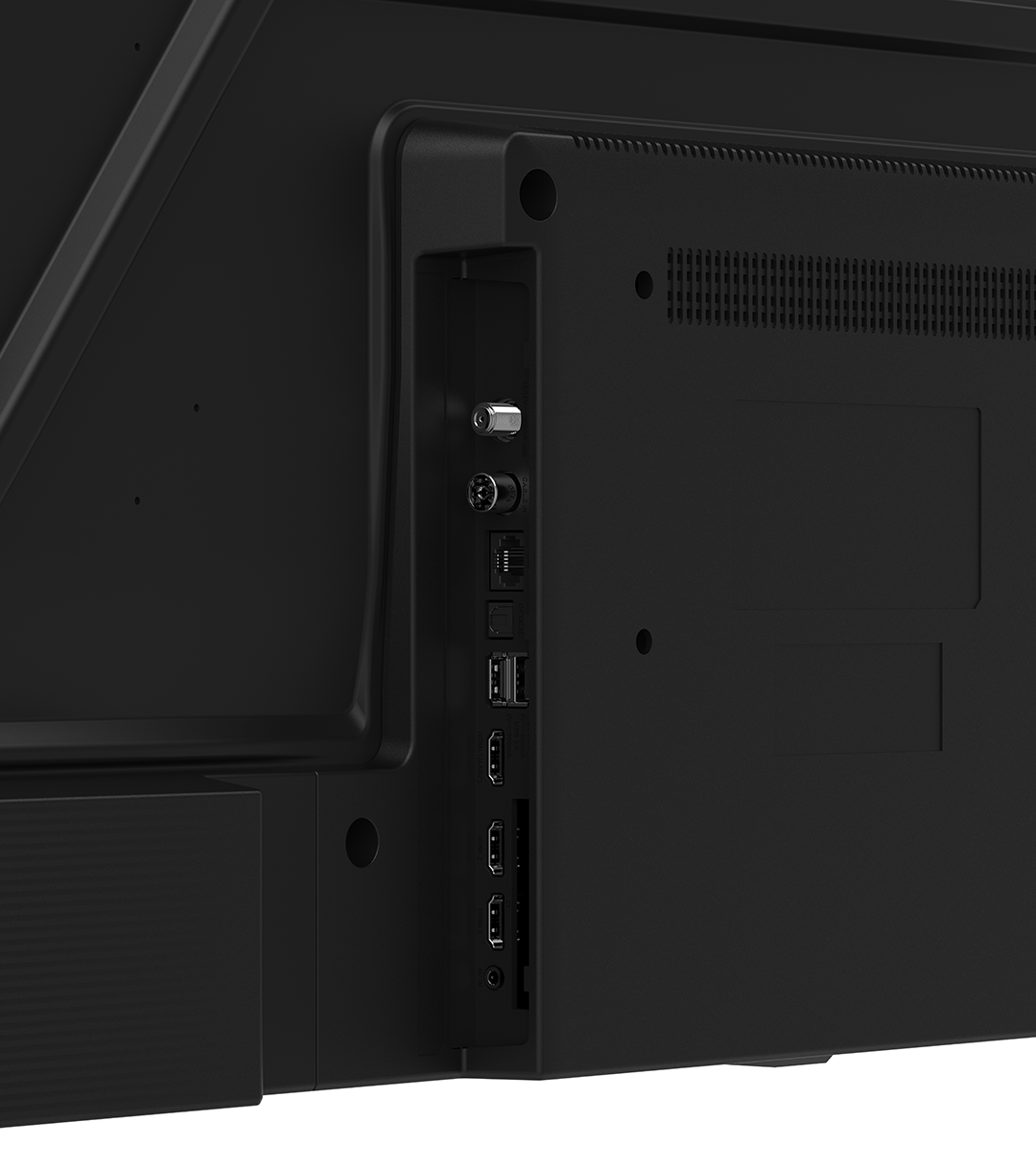 Egy fekete televízió hátulja, HDMI, USB és antenna csatlakozókkal.
