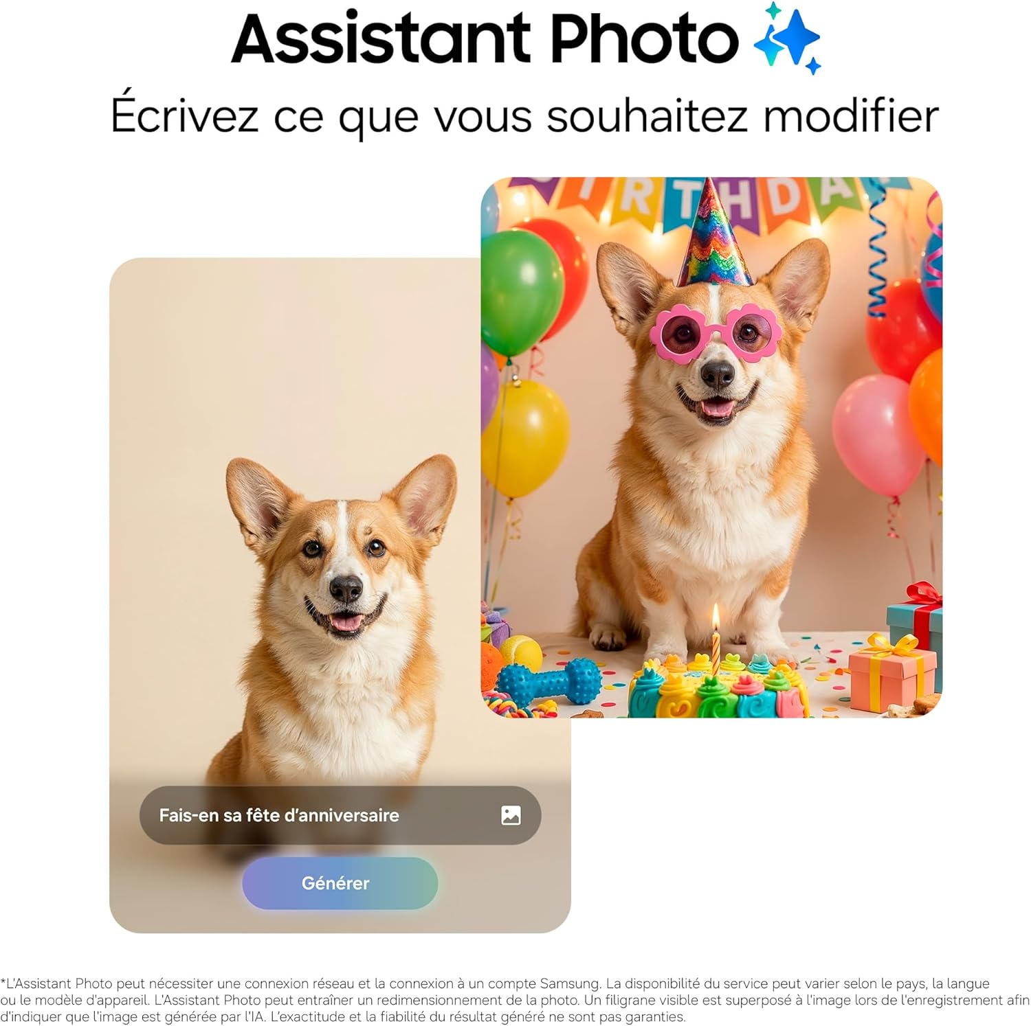 Un corgi avec un chapeau et des lunettes de fête, entouré de ballons et cadeaux.