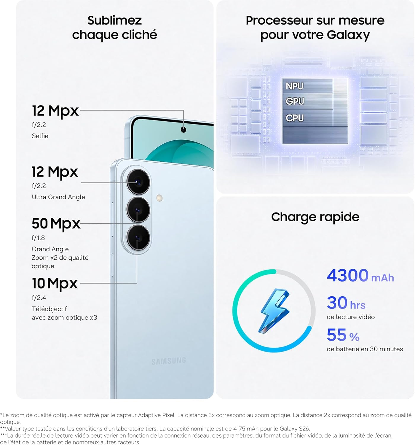 Un téléphone Samsung affichant les spécifications de l'appareil photo et les détails de charge rapide.