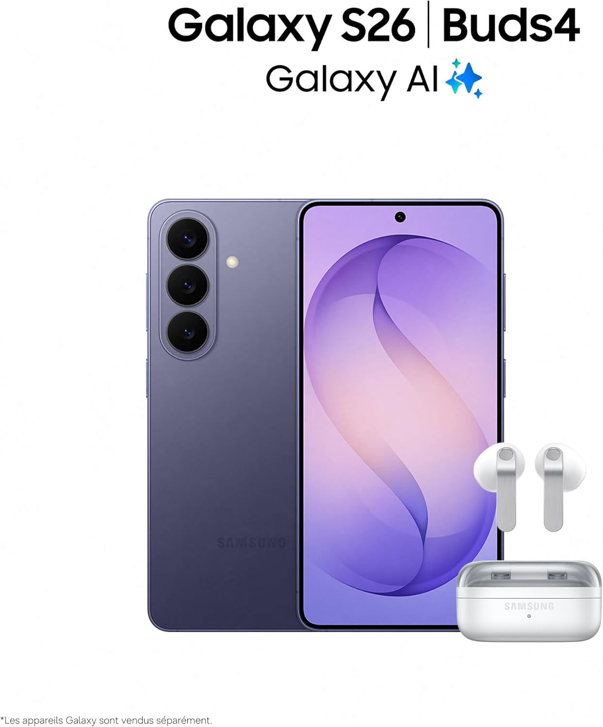 Un téléphone Samsung Galaxy S26 violet avec Galaxy Buds 4.
