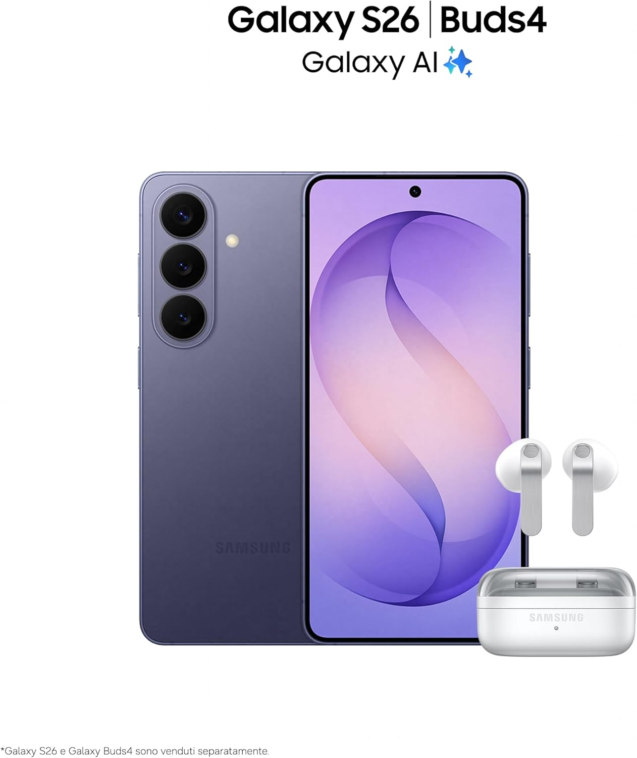 Uno smartphone Samsung Galaxy S26 viola accanto agli auricolari Galaxy Buds4.