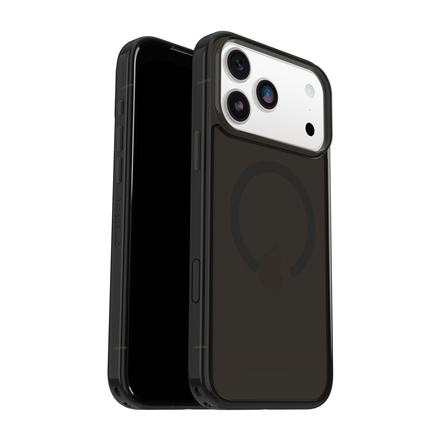 Un iPhone scuro con custodia nera su una superficie bianca.