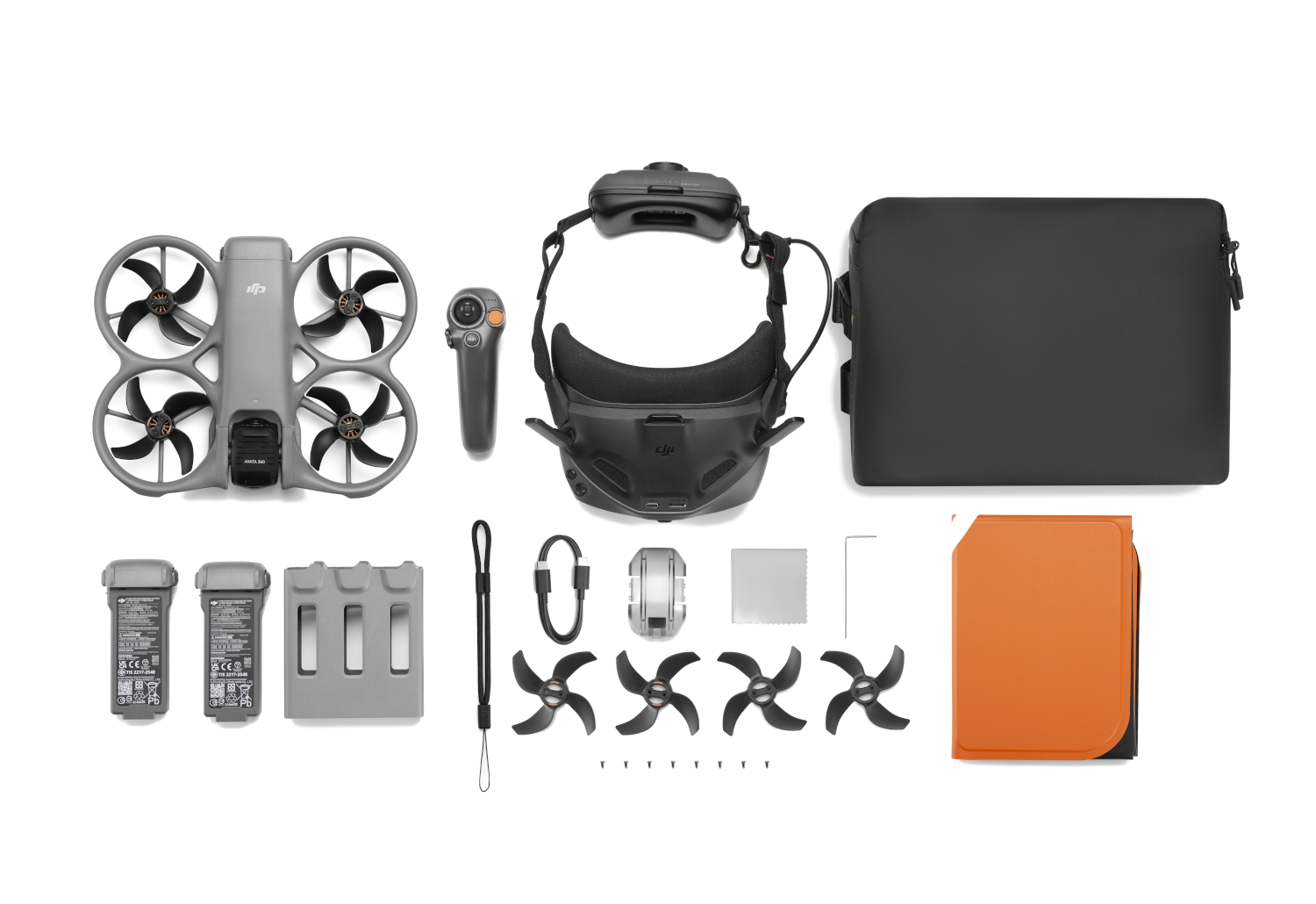 Dron, kontroler, gogle, torba, baterie, śmigła i kabel do ładowania