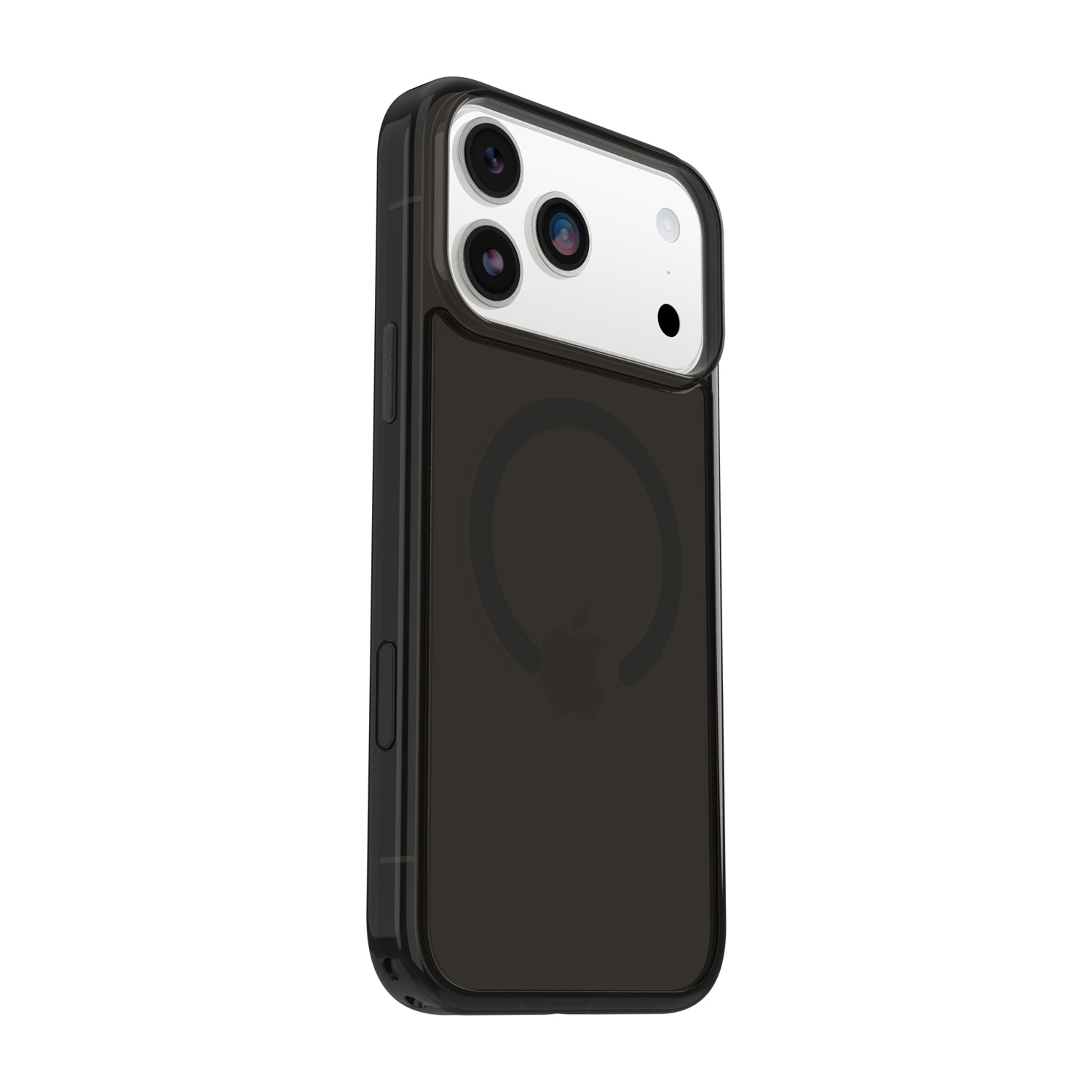 Custodia iPhone grigio scuro con array fotocamera e logo Apple.