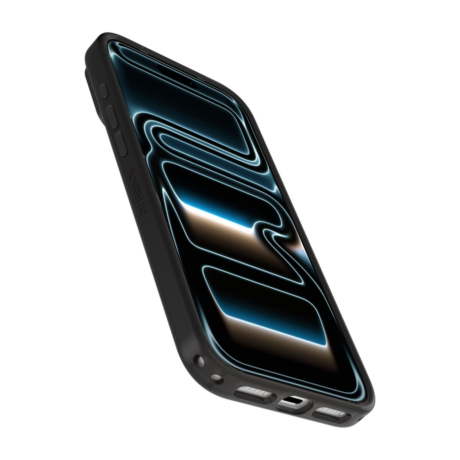 Custodia nera per telefono con schermo blu stilizzato, su sfondo bianco.