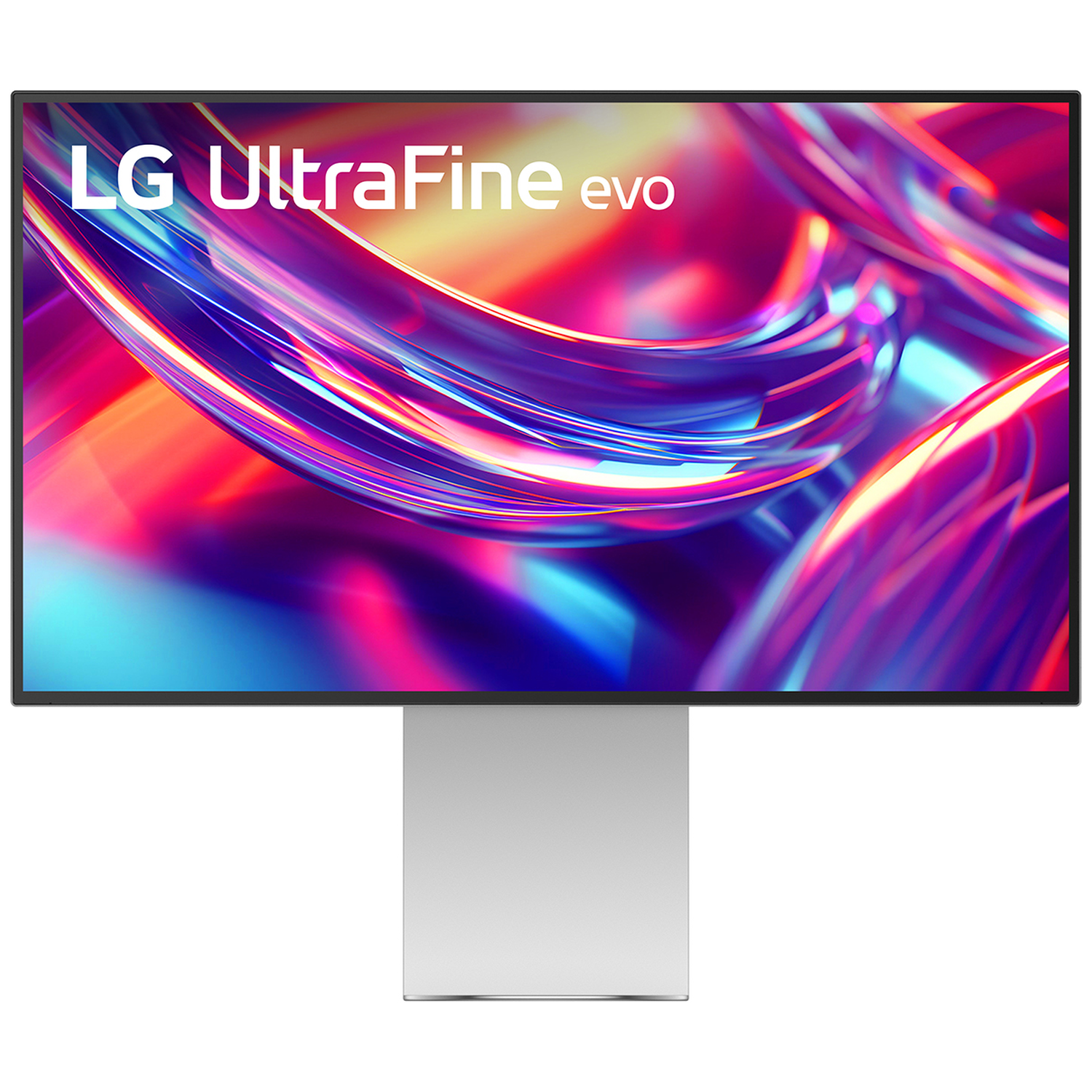 LG UltraFine evo monitor with colorful, abstract background and silver stand.