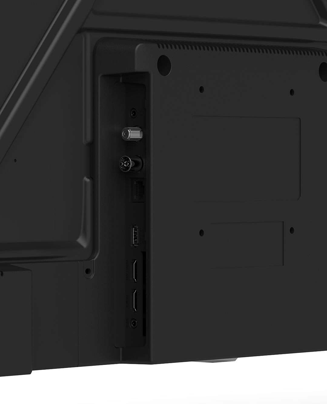 Egy fekete TV hátlapjának közelképe HDMI és koaxiális csatlakozókkal.