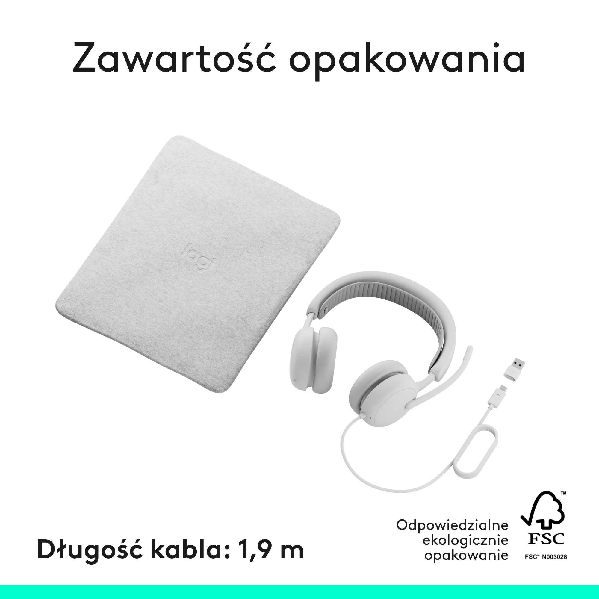 Białe słuchawki z mikrofonem i woreczkiem obok kabla USB.