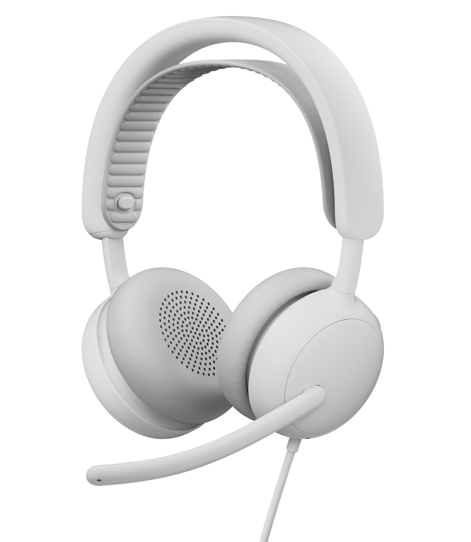 Białe słuchawki z mikrofonem i nausznikami na czarnym tle.