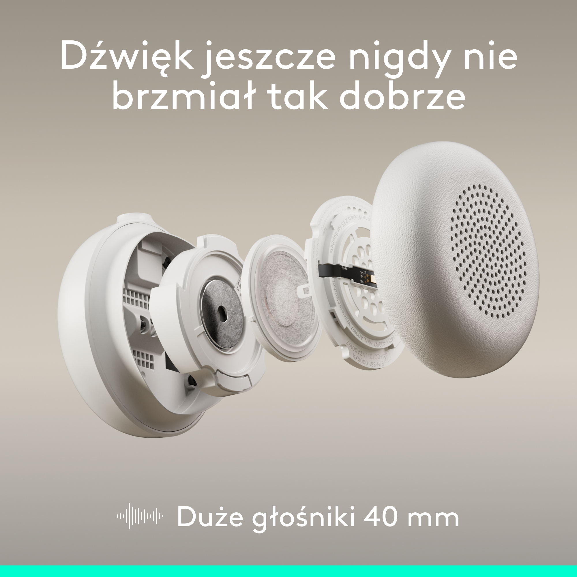 Widok rozstrzelony białych słuchawek z przetwornikami 40 mm.