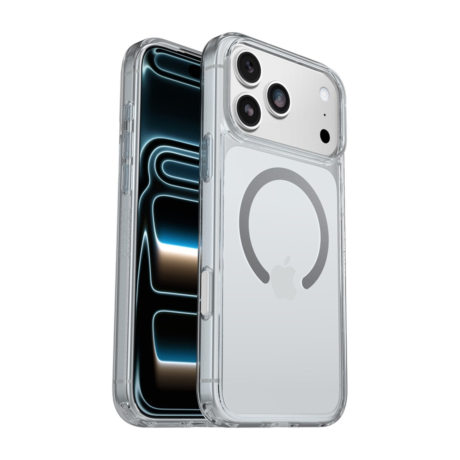 Custodia trasparente che mostra fotocamere iPhone e logo Apple.