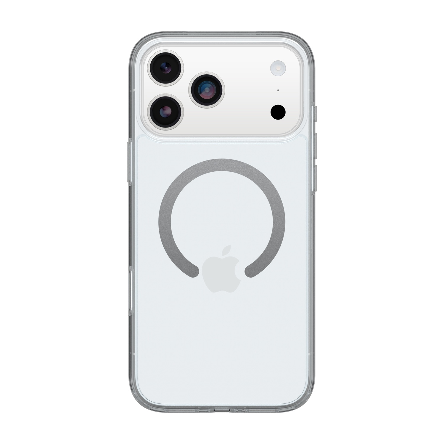 Custodia trasparente per iPhone con logo Apple e anello MagSafe sul retro.