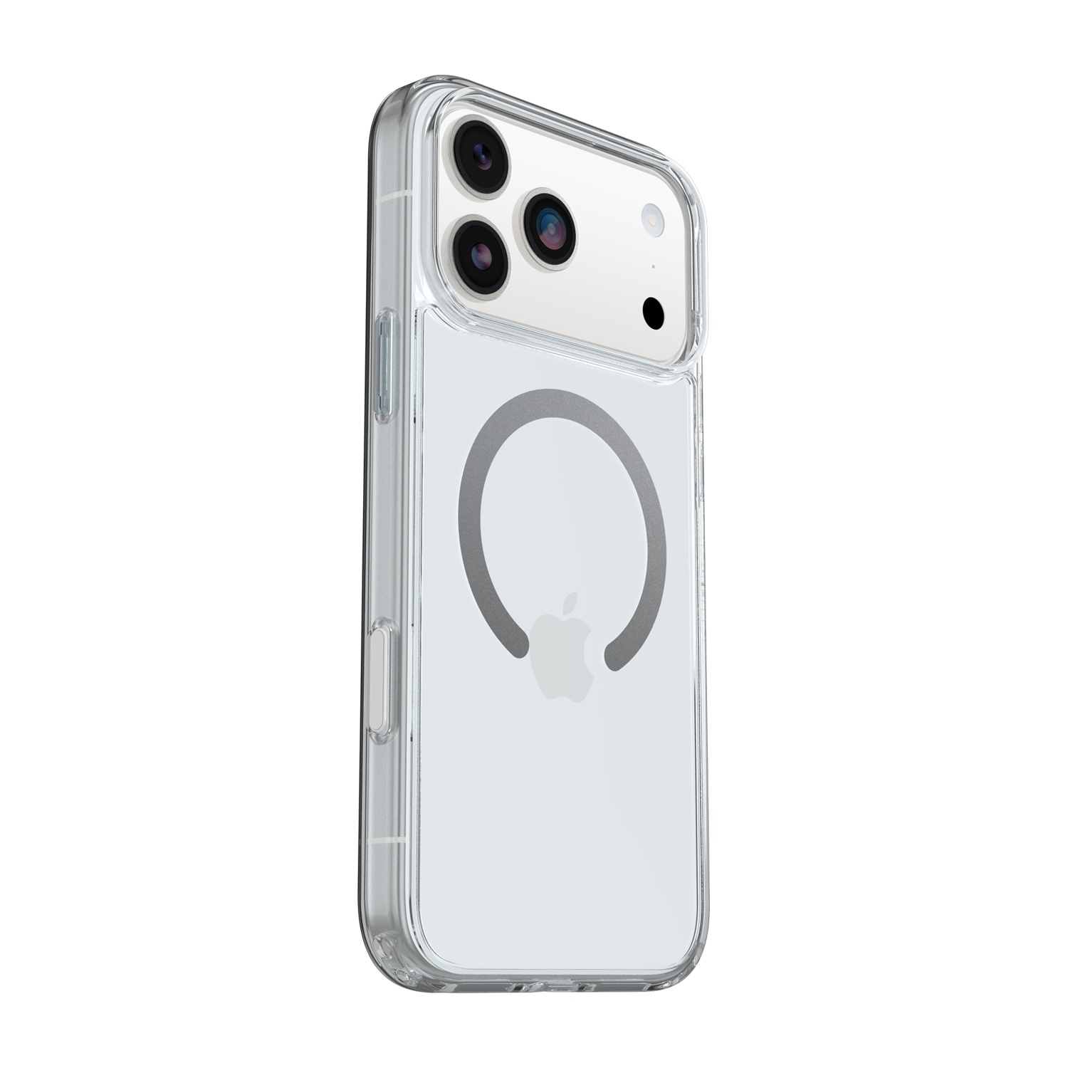 Custodia trasparente per iPhone con tripla fotocamera e logo Apple.
