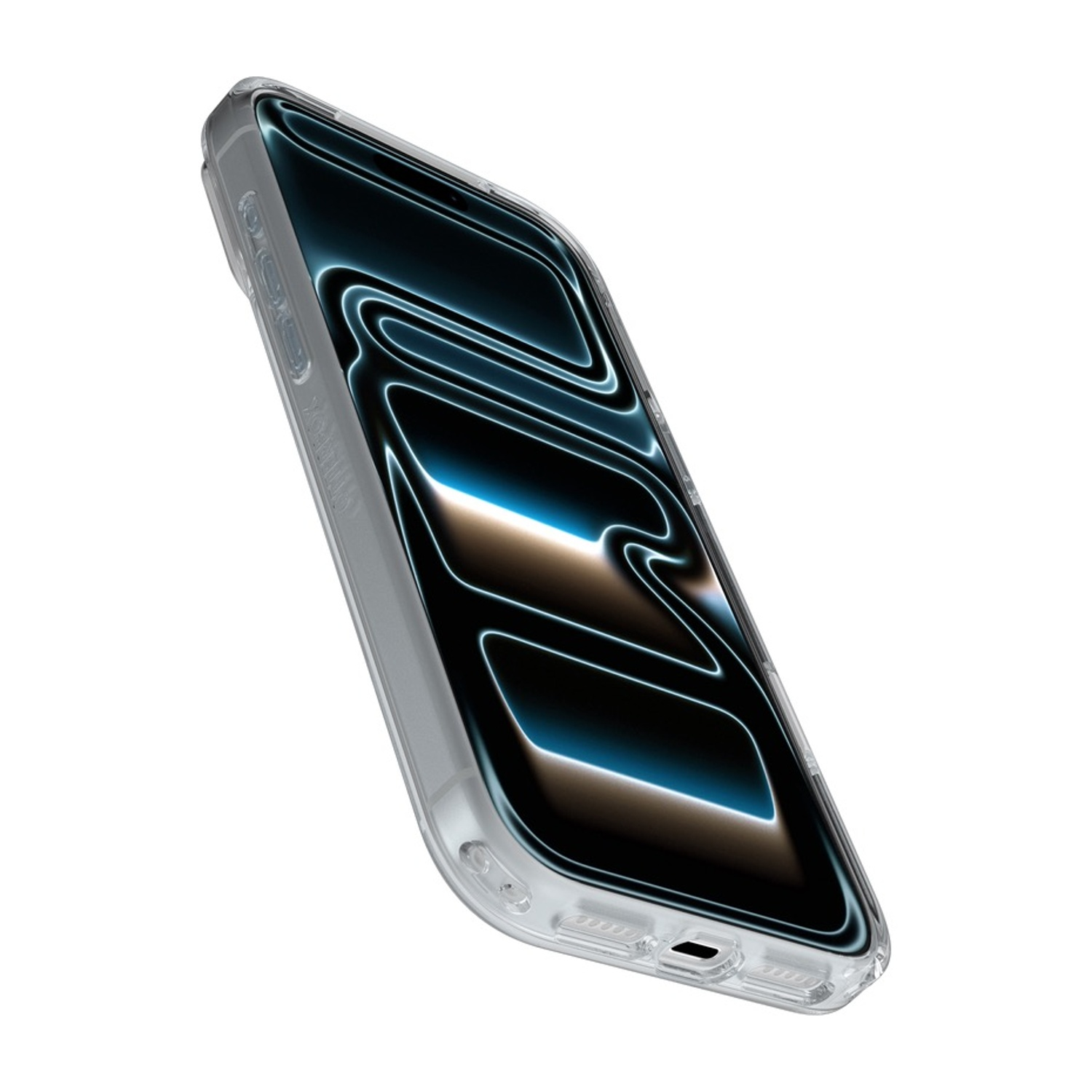 Una custodia trasparente per telefono con sfondo scuro e linee blu.