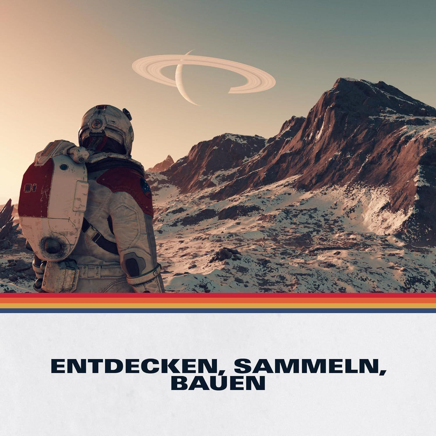 Ein Astronaut blickt auf eine schneebedeckte Berglandschaft unter einem Himmel mit Ringen.