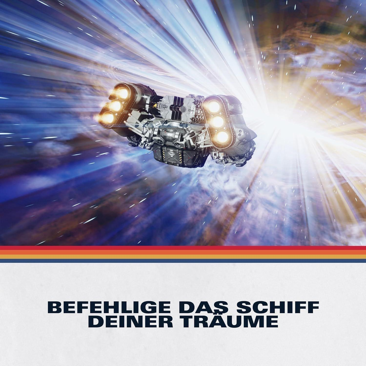 Ein Raumschiff fliegt durch einen blauen Warp-Tunnel mit Lichtstrahlen.