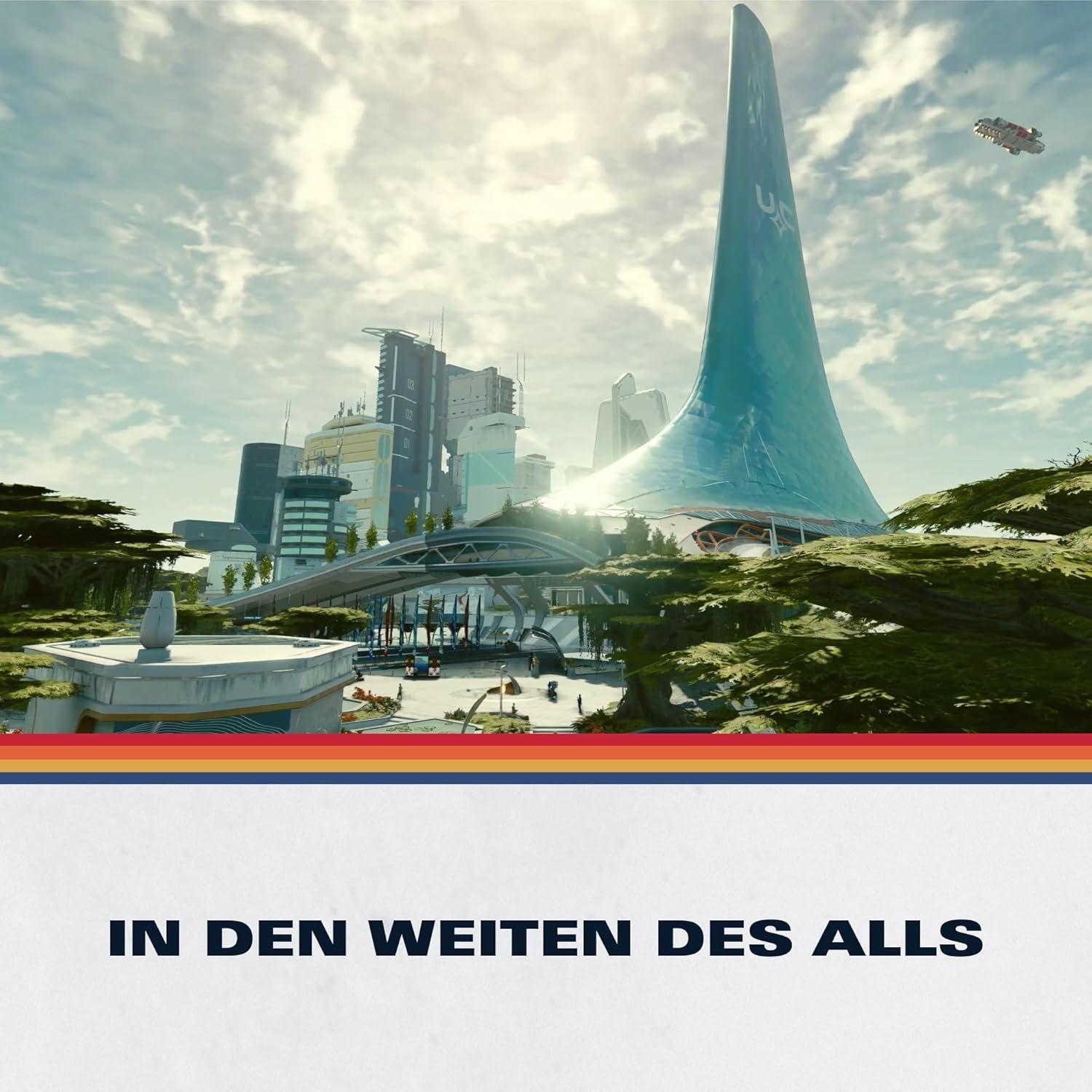 Futuristische Stadt mit hohem Turm, Bäumen und einem Raumschiff am Himmel.