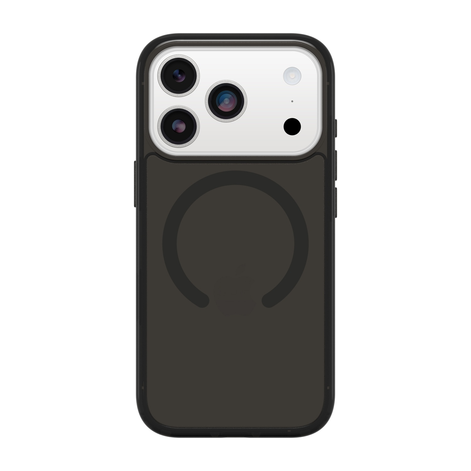 Custodia nera per telefono con tripla fotocamera e anello magnetico sul retro.
