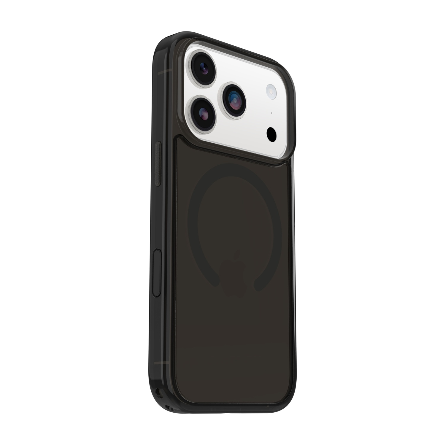 Telefono grigio scuro con tre fotocamere e un flash su sfondo bianco.