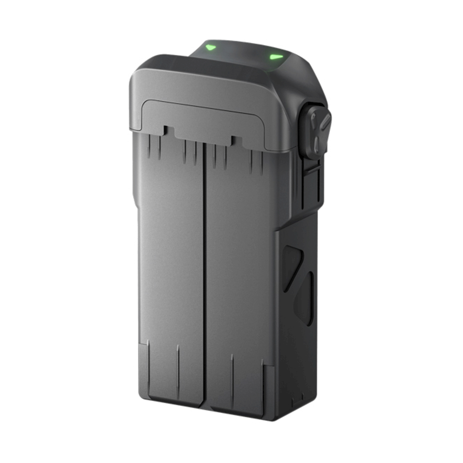 Una batteria per droni nera con indicatori LED verdi su sfondo bianco.