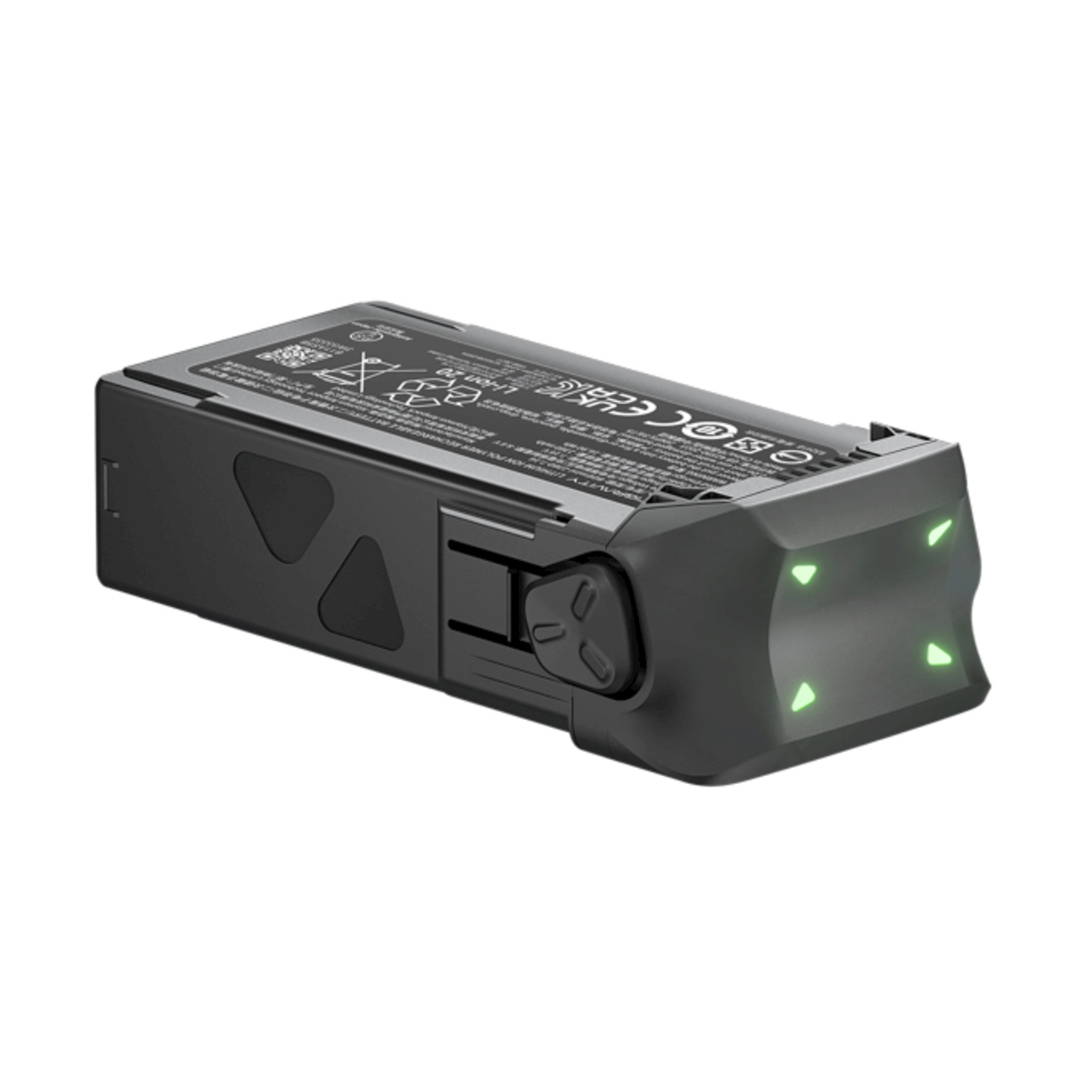 Una batteria nera con quattro triangoli verdi luminosi sul davanti.