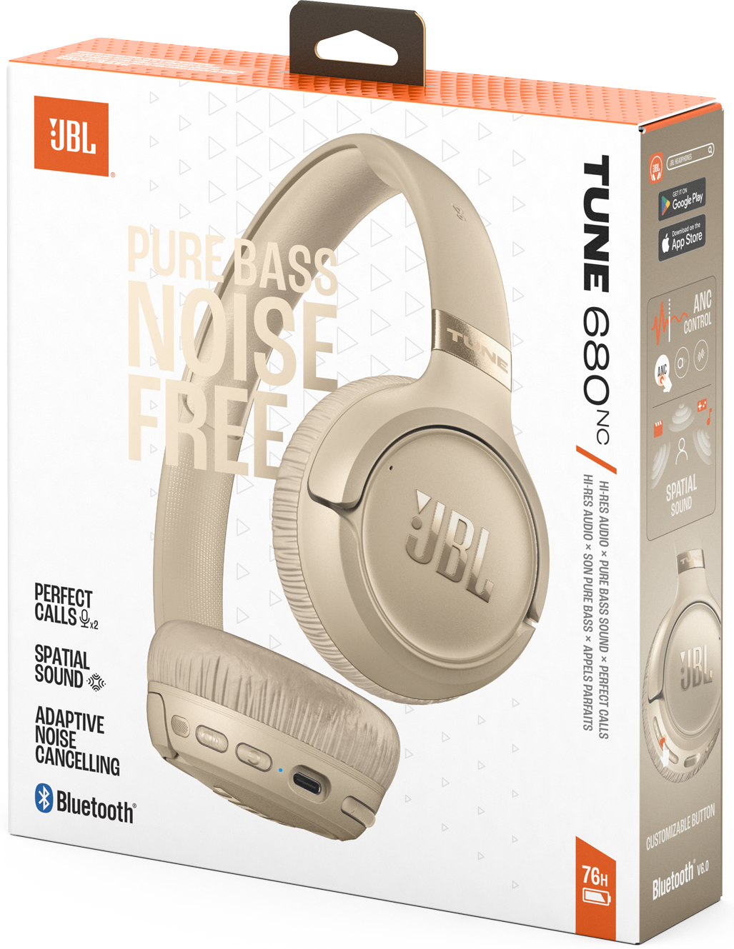 Bézs JBL Tune 680NC fejhallgató dobozban, olyan funkciókkal, mint az ANC.