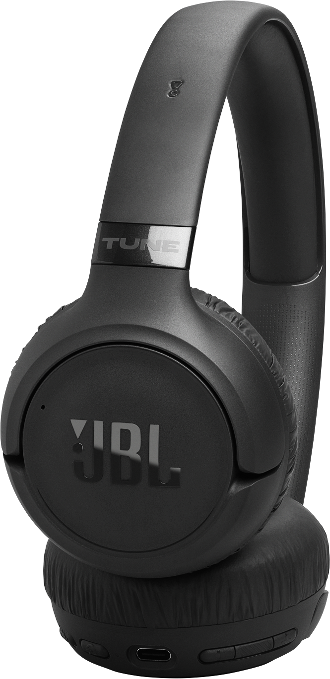 Fekete JBL fejhallgató "TUNE" felirattal és USB-C töltőporttal.